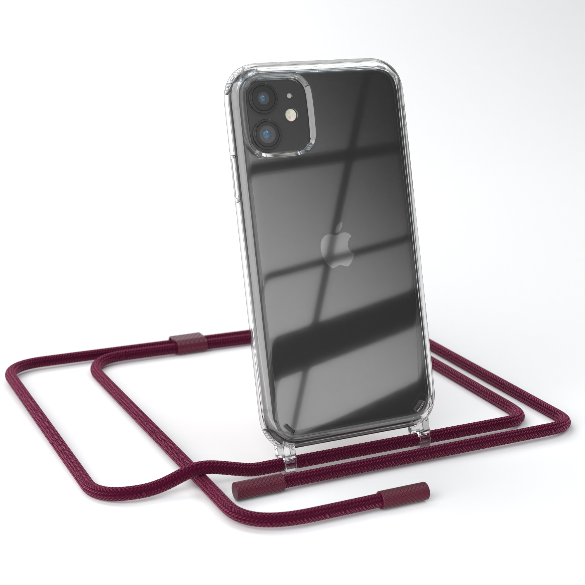Eine transparente Handyhülle mit einem iPhone und einem weinroten Umhängeband auf weißem Grund.