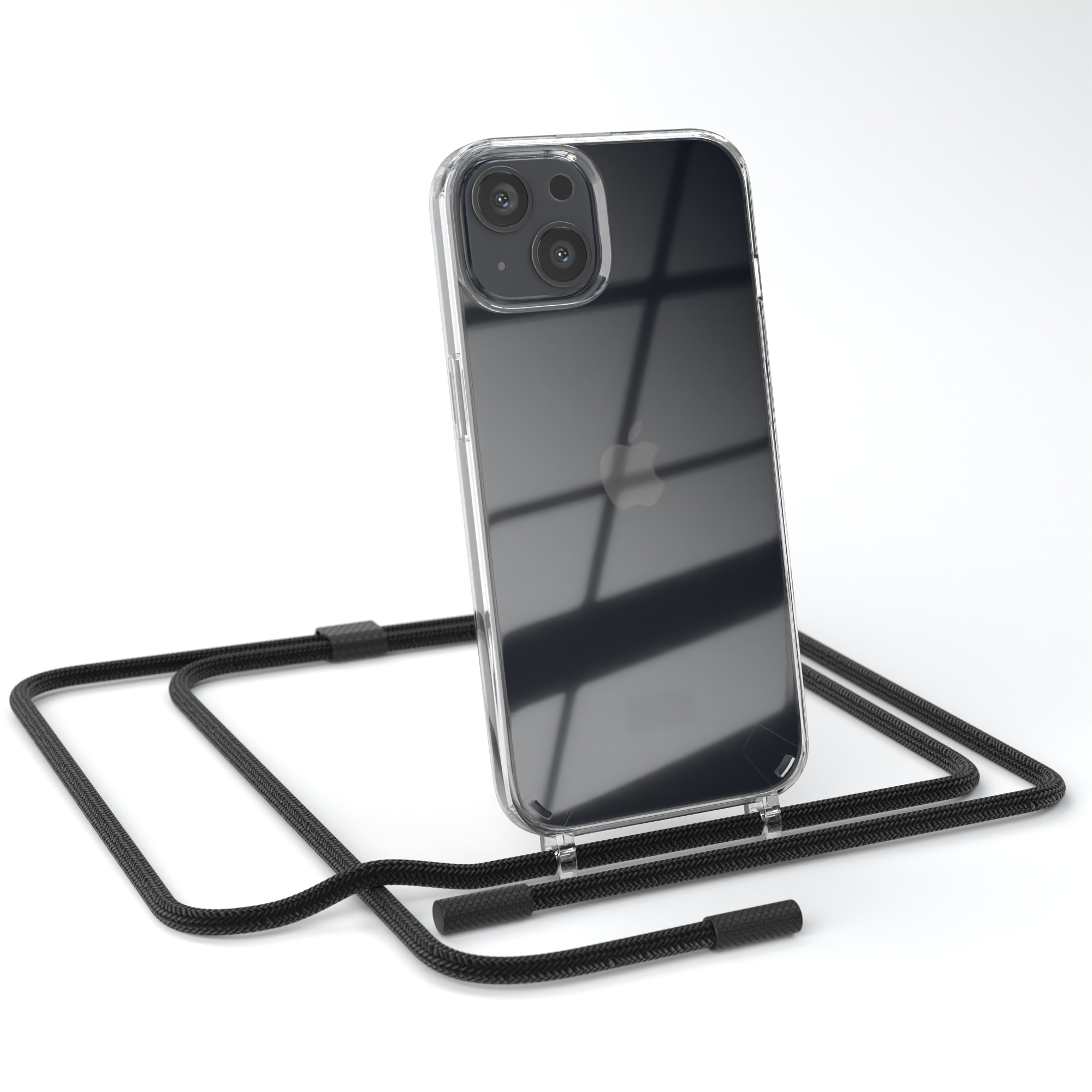 Ein transparentes Telefon mit einem schwarzen Schlüsselband auf weißem Hintergrund.