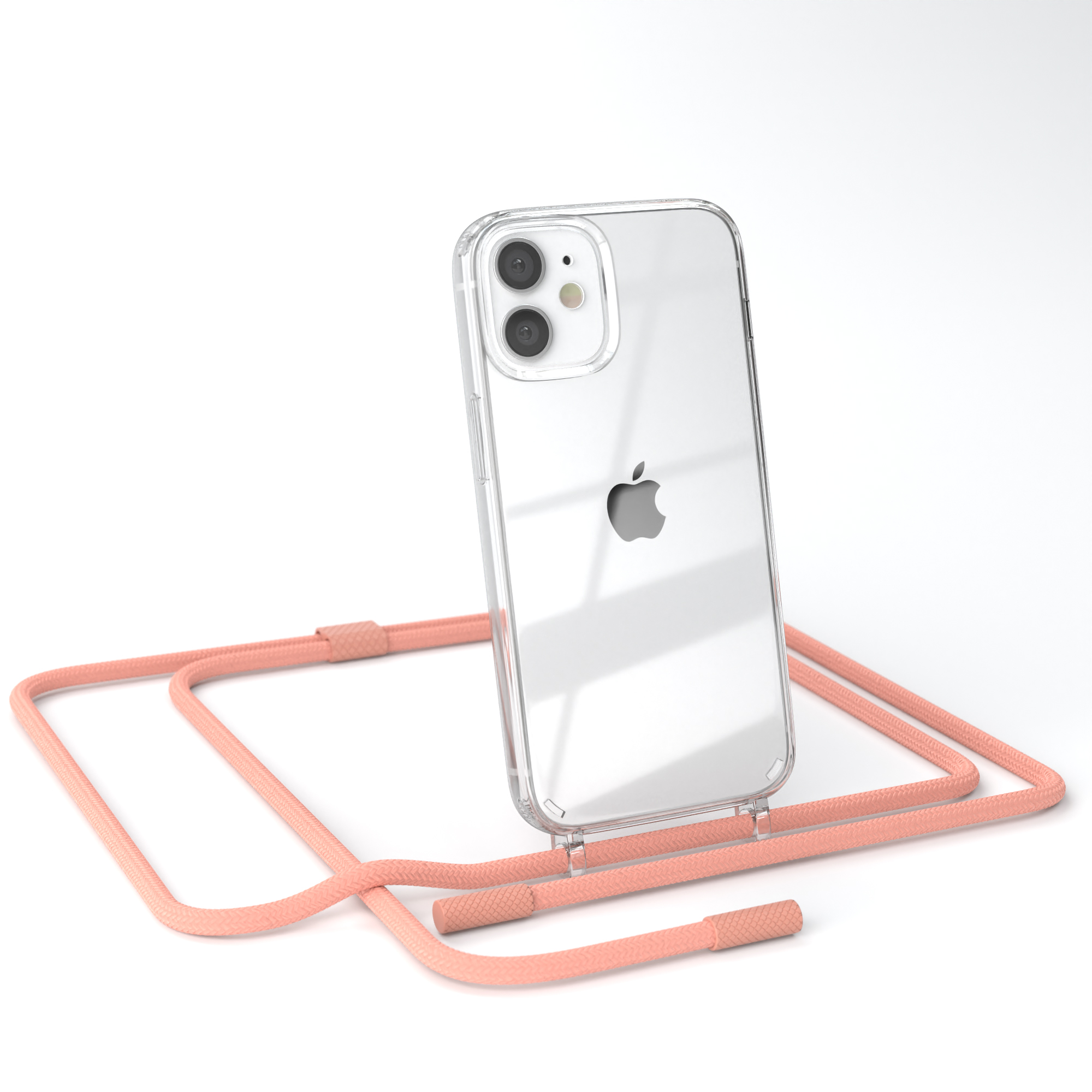 Transparente Handyhülle mit pfirsichfarbenem Gurt. Das Telefon hat eine Dual-Kamera.