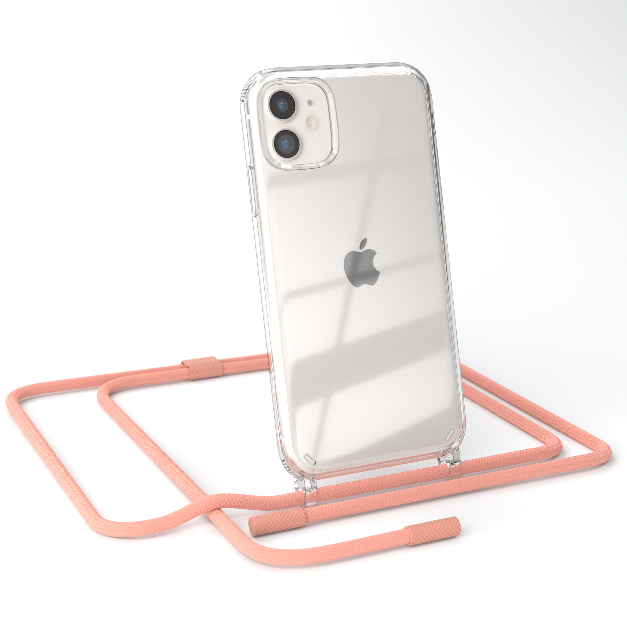Transparente Handyhülle mit einem Telefon darin. Ein pfirsichfarbenes Kabel ist an der Hülle befestigt.