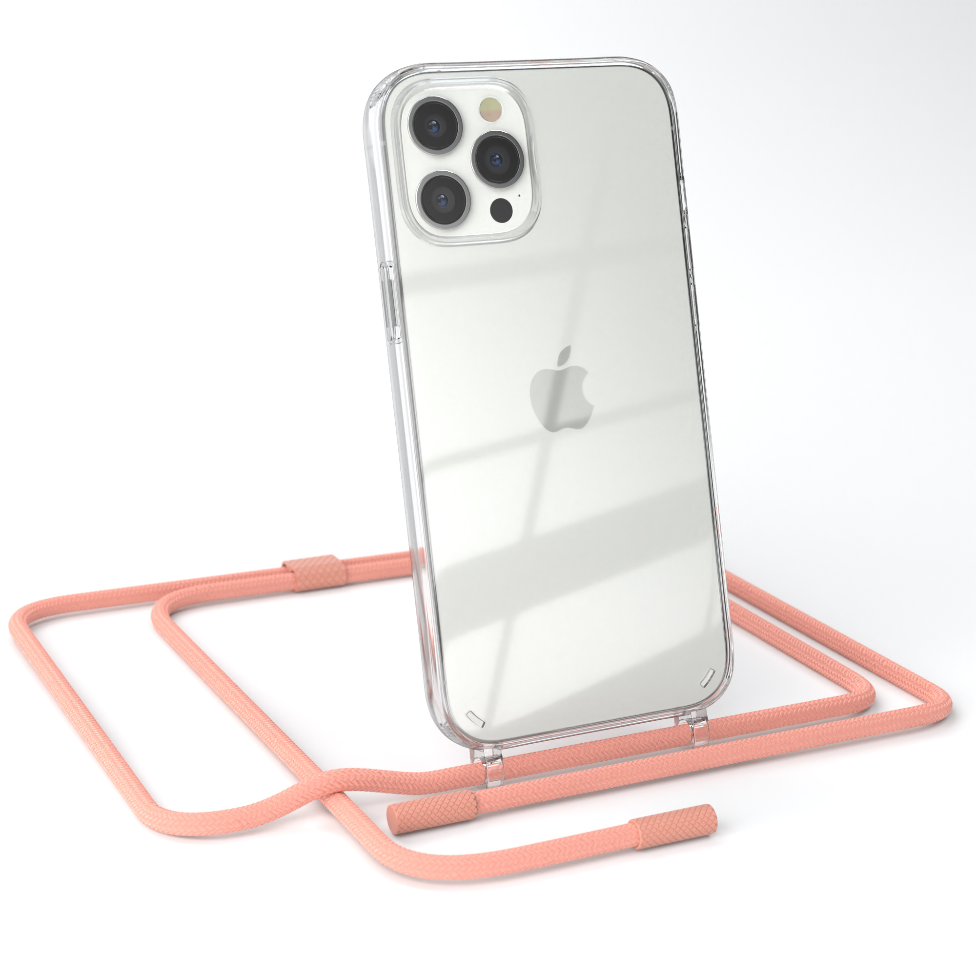 Klares iPhone in einer klaren Hülle mit rosa Kordel. Das Telefon ist nach rechts abgewinkelt, auf weißer Oberfläche.