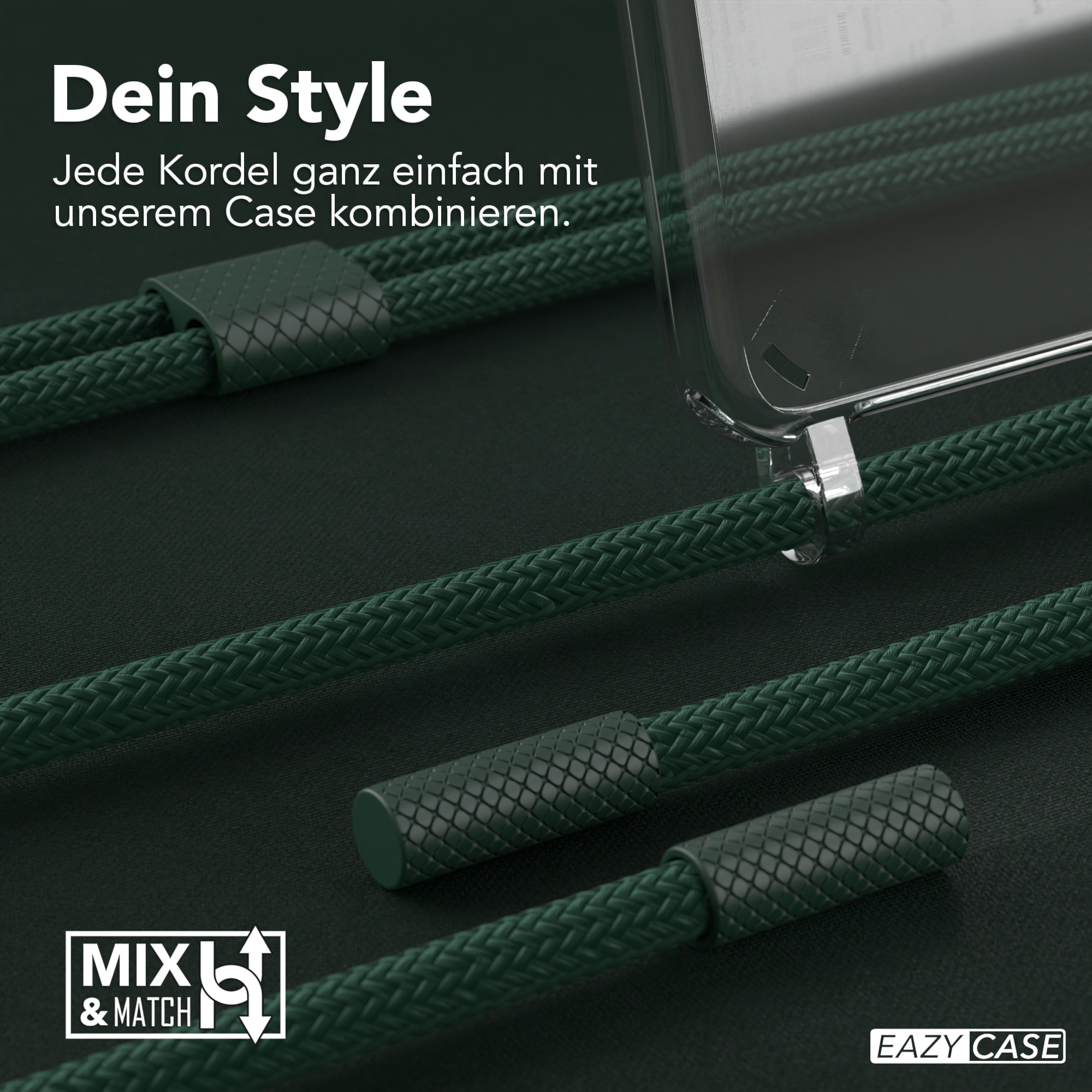Nahaufnahme von grünen Kordeln und einer transparenten Handyhülle. Text auf Deutsch: Dein Style. Eazy Case Logo.