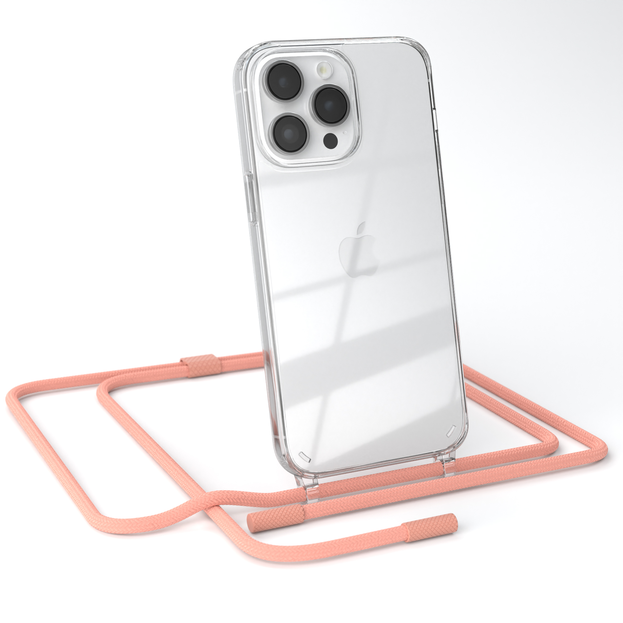 Klares iPhone in einer klaren Hülle mit rosa Kordel. Das Telefon ist nach rechts abgewinkelt, auf weißer Oberfläche.