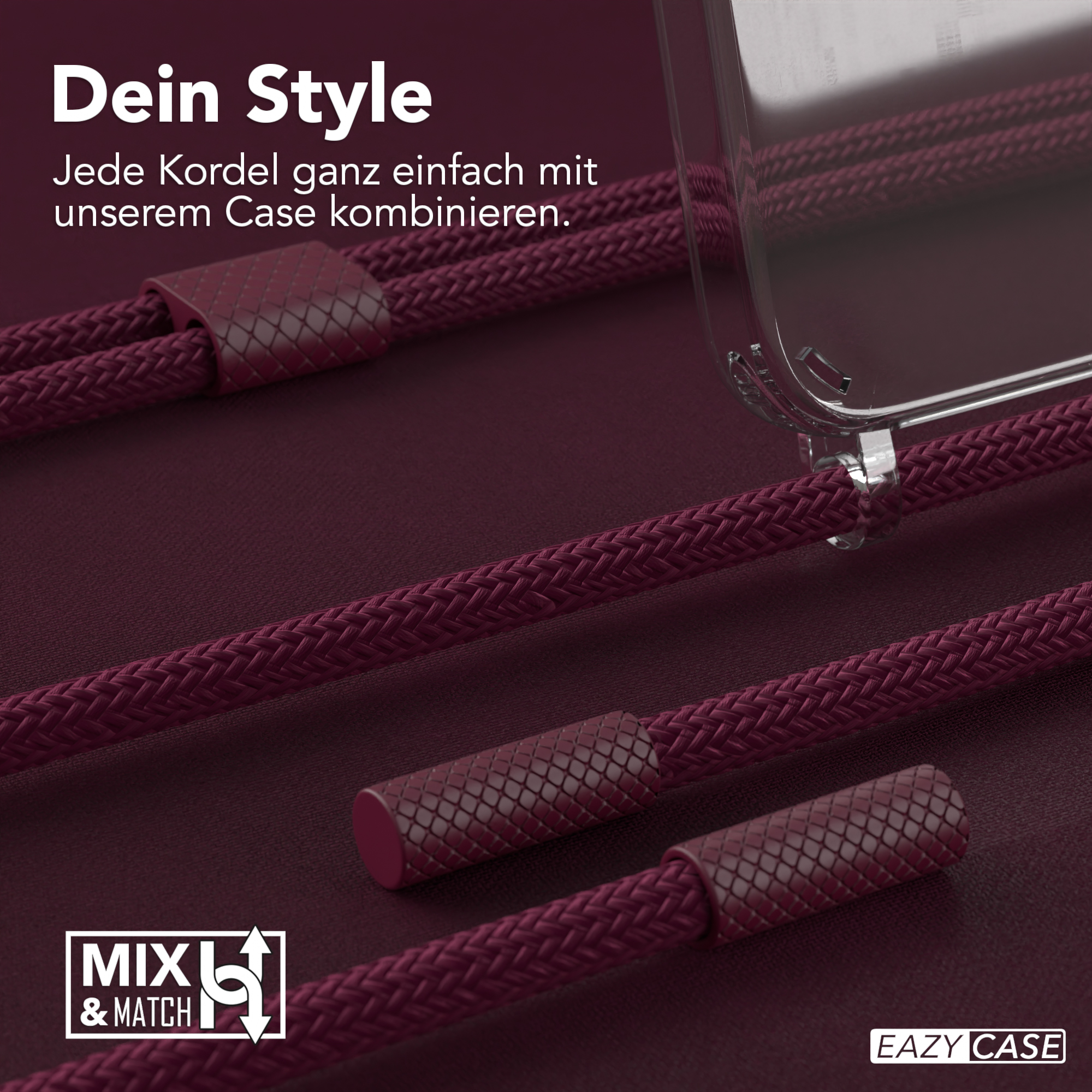 Rotes und bordeauxfarbenes Telefonkabel. Text sagt, dass es mit dem Case kombiniert werden soll. MXL & MATCH Logo links unten.