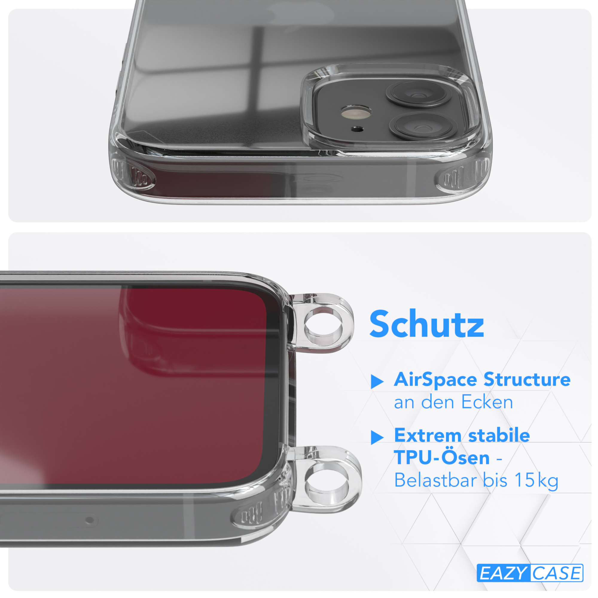 Transparente Handyhülle mit Text: 'Schutz'. AirSpace Structure an den Ecken.