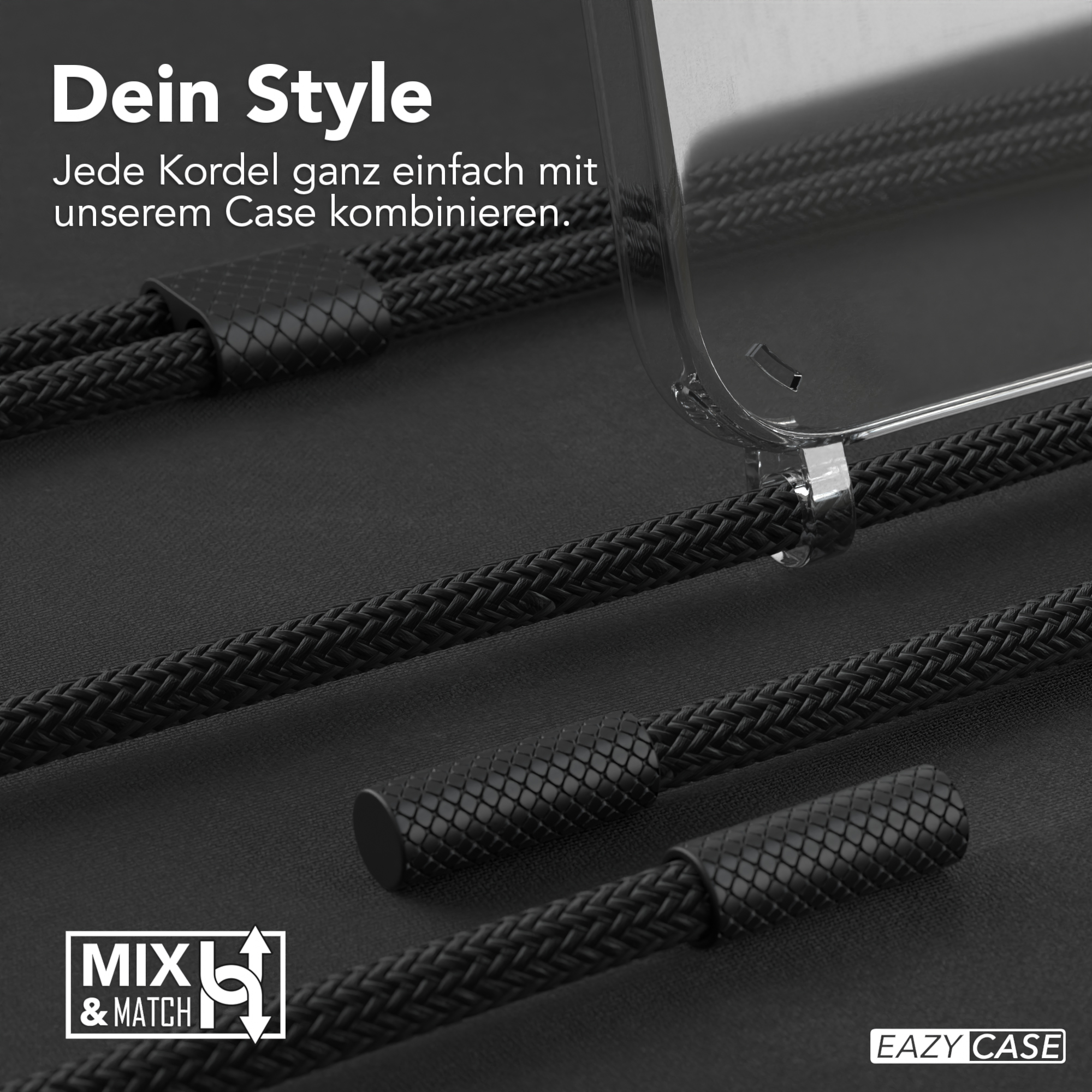 Eine transparente Handyhülle mit schwarzem Band. Text: 'Dein Style'. Dunkler Hintergrund.