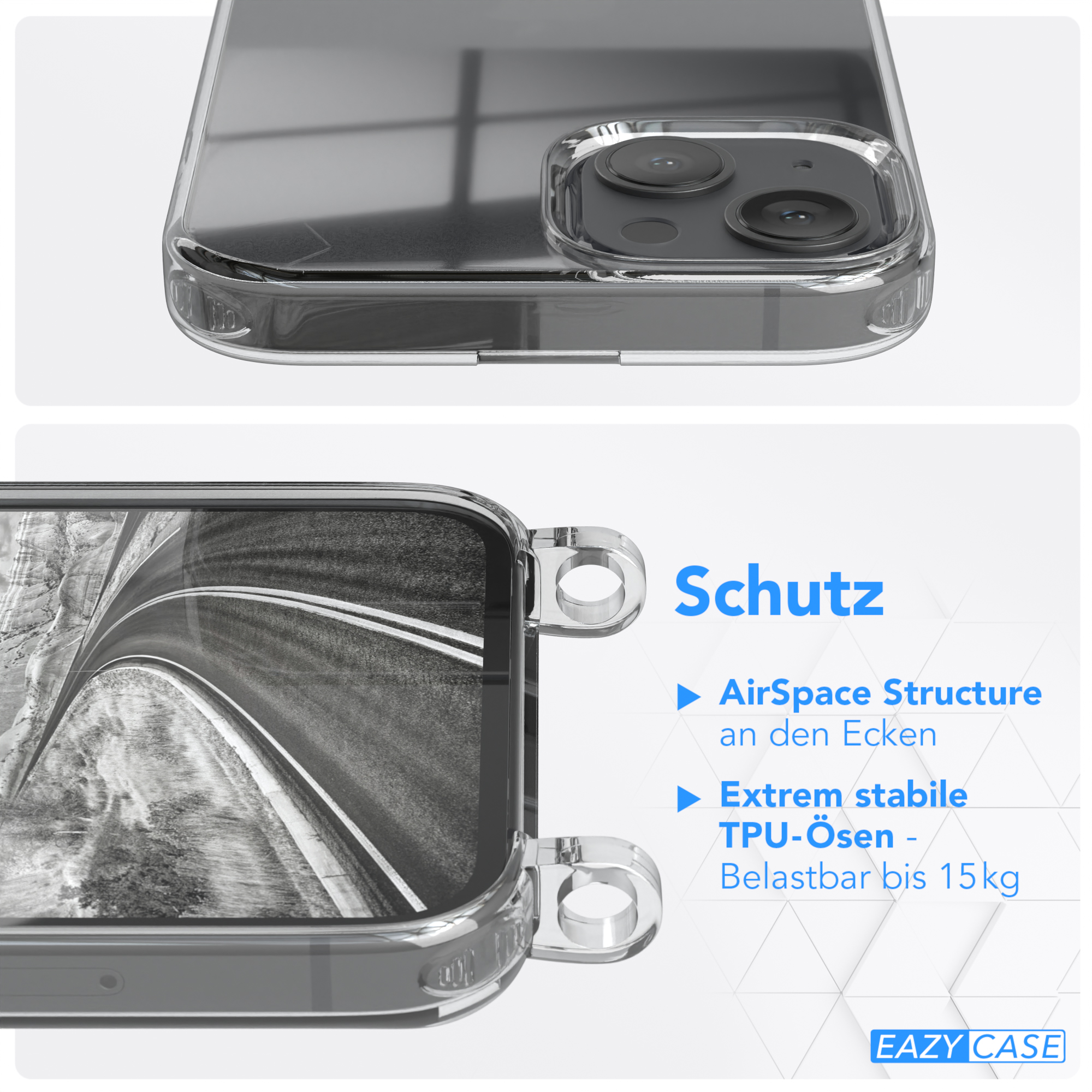 Nahaufnahme eines Telefons in einer transparenten Schutzhülle. Text sagt 'EAZY CASE' und 'Schutz'.