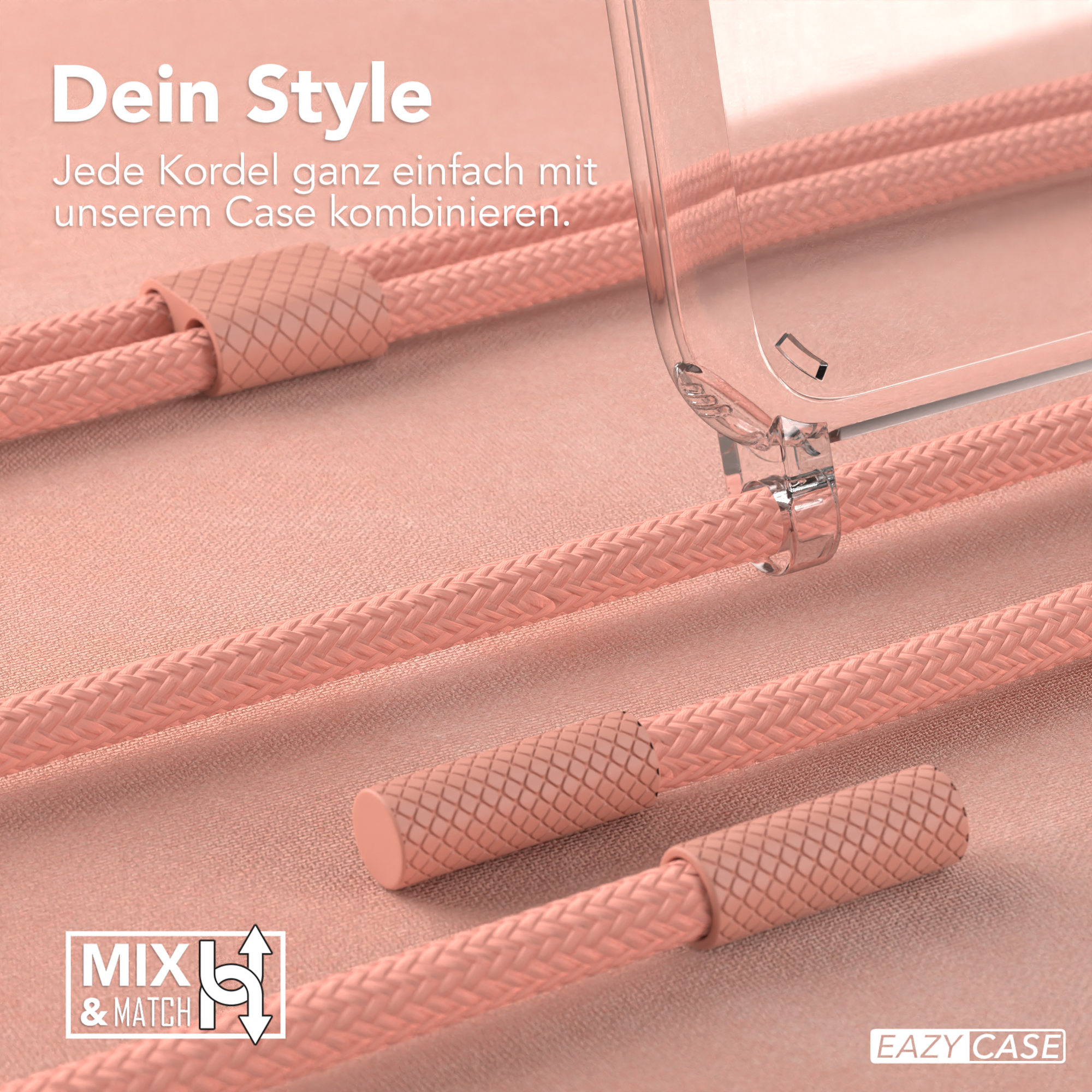 Eine klare Handyhülle und rosa Kordeln sind auf einer rosa Oberfläche angeordnet. Das Bild wirbt für Mix-and-Match-Optionen.