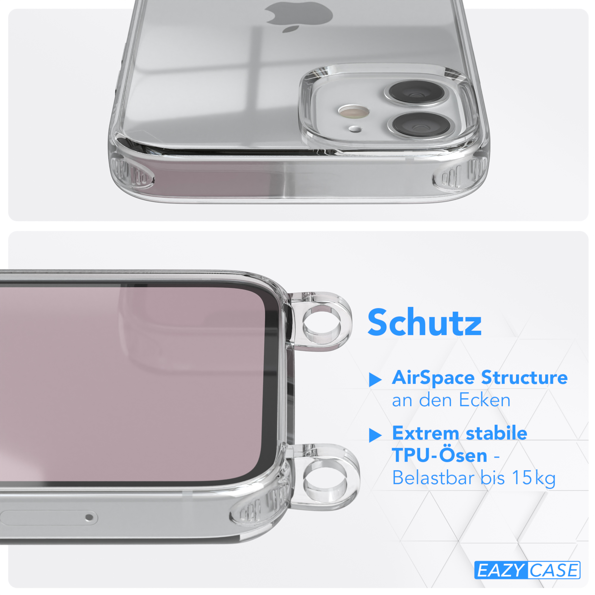 Nahaufnahme einer transparenten Handyhülle mit Telefon, Text beschreibt Funktionen.