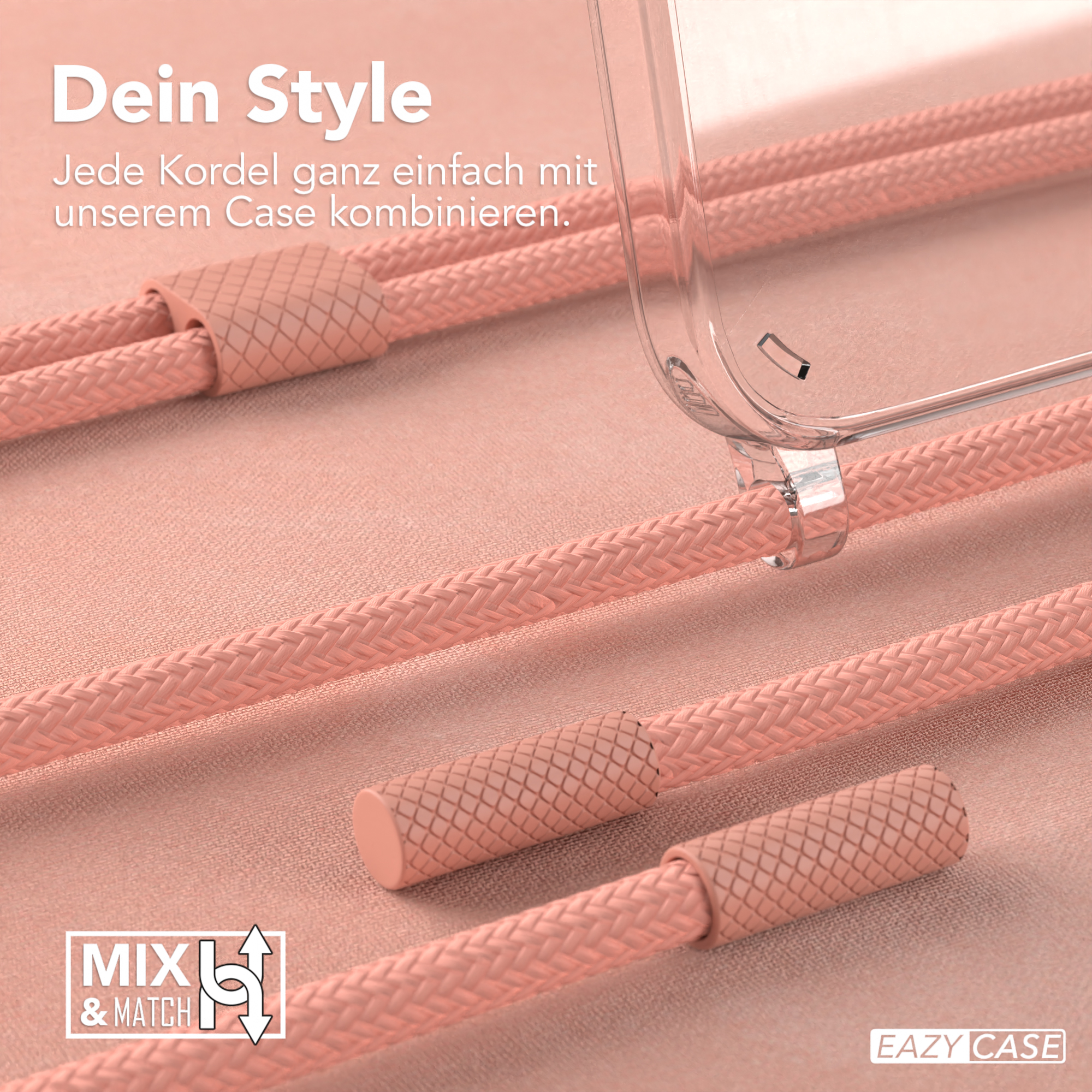 Nahaufnahme einer Handyhülle mit rosa Kordeln. Der Text 'Mix & Match' ist sichtbar.