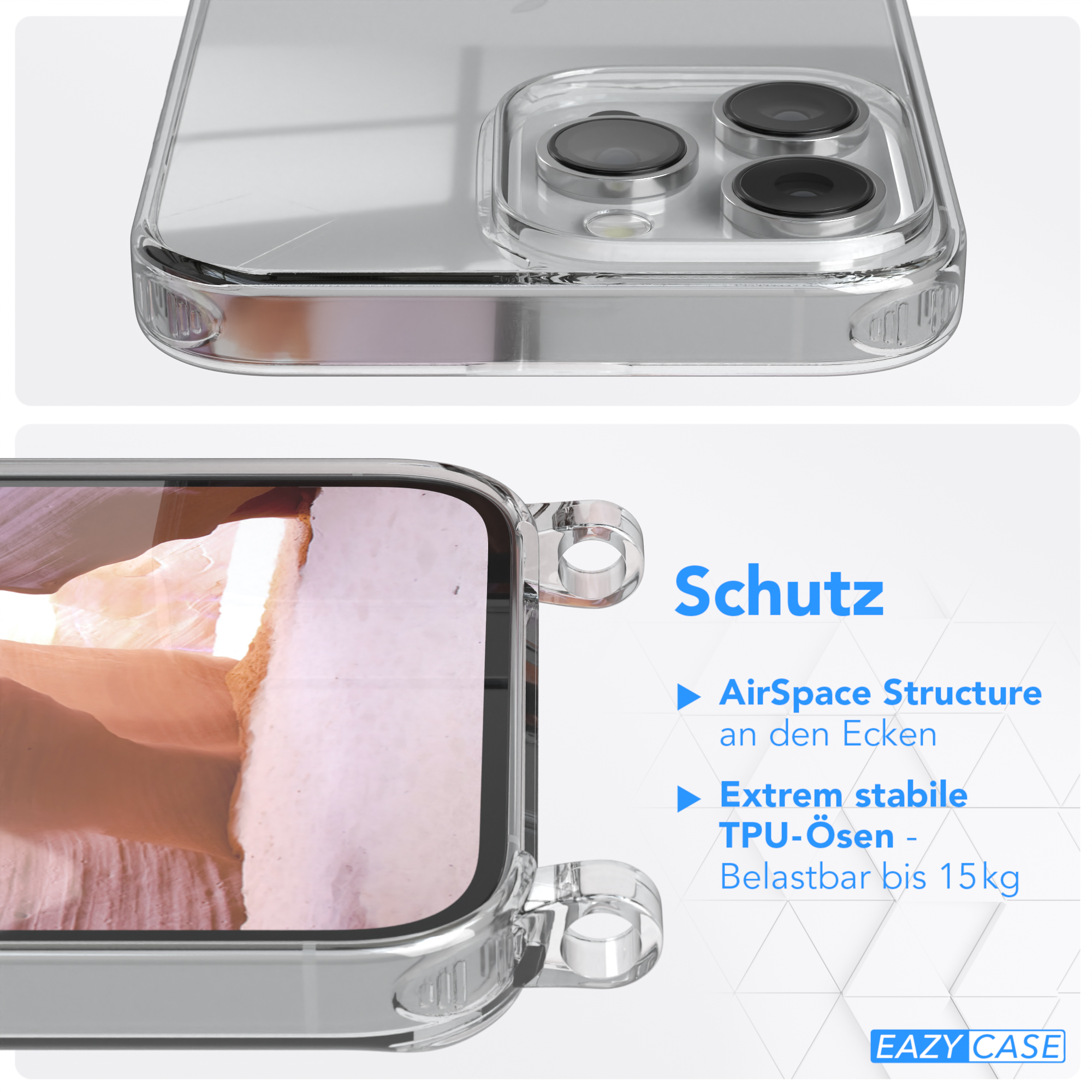 Eine transparente Handyhülle, die ein Telefon schützt, mit Nahaufnahmen, die ihre Eigenschaften zeigen und das Eazy Case Logo.