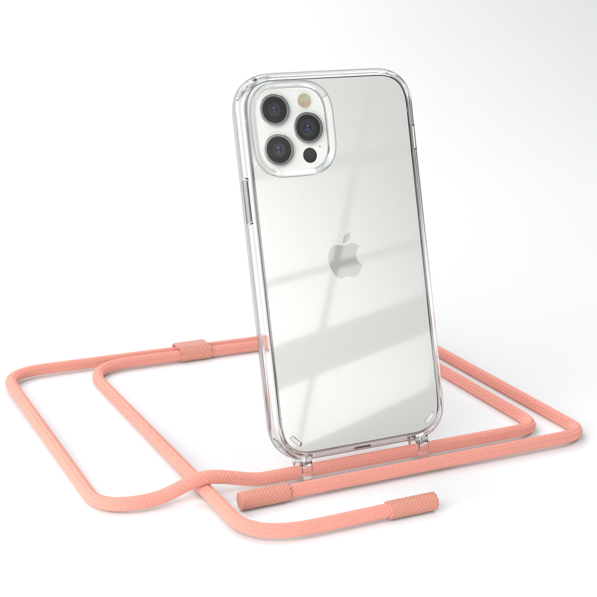 Eine transparente Handyhülle mit einem iPhone und einem pfirsichfarbenen Umhängeband auf weißem Grund.