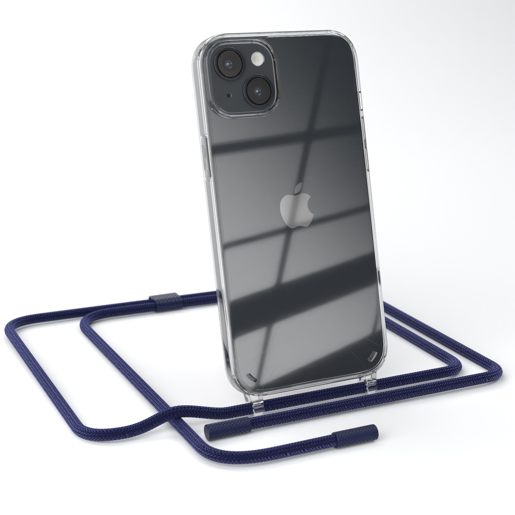 Eine transparente Handyhülle mit einem iPhone und einem blauen Umhängeband auf weißem Grund.