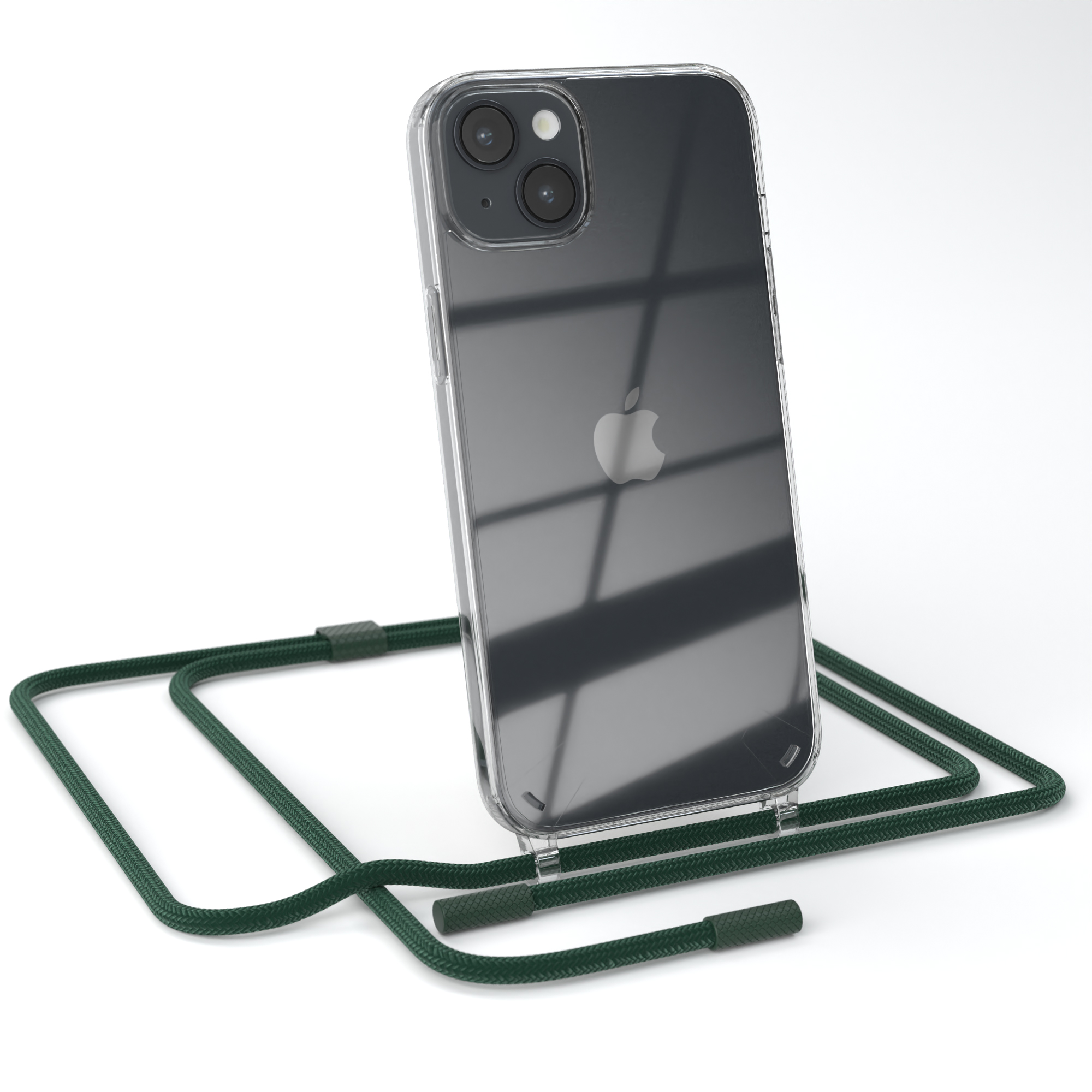 Transparente Handyhülle auf weißer Oberfläche. Das Telefon hat zwei Kameras und einen grünen Riemen.