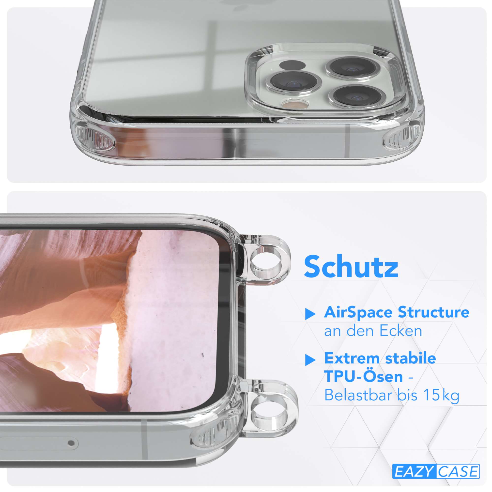 Transparente Handyhülle, Draufsicht und Seitenansicht, mit Canyon-Szene.