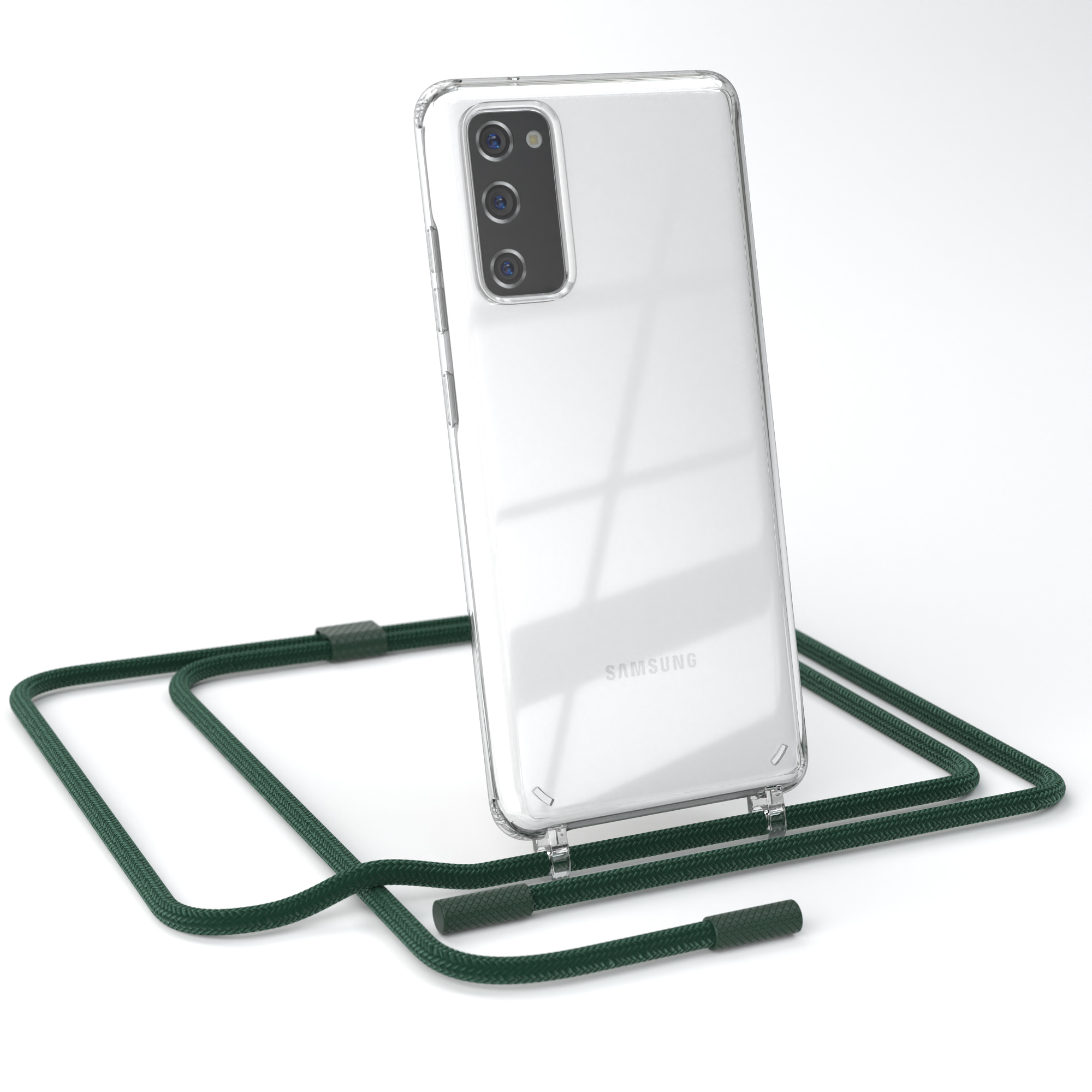 Transparente Handyhülle mit grünem Umhängeband. Samsung Telefon darin. Weißer Hintergrund.