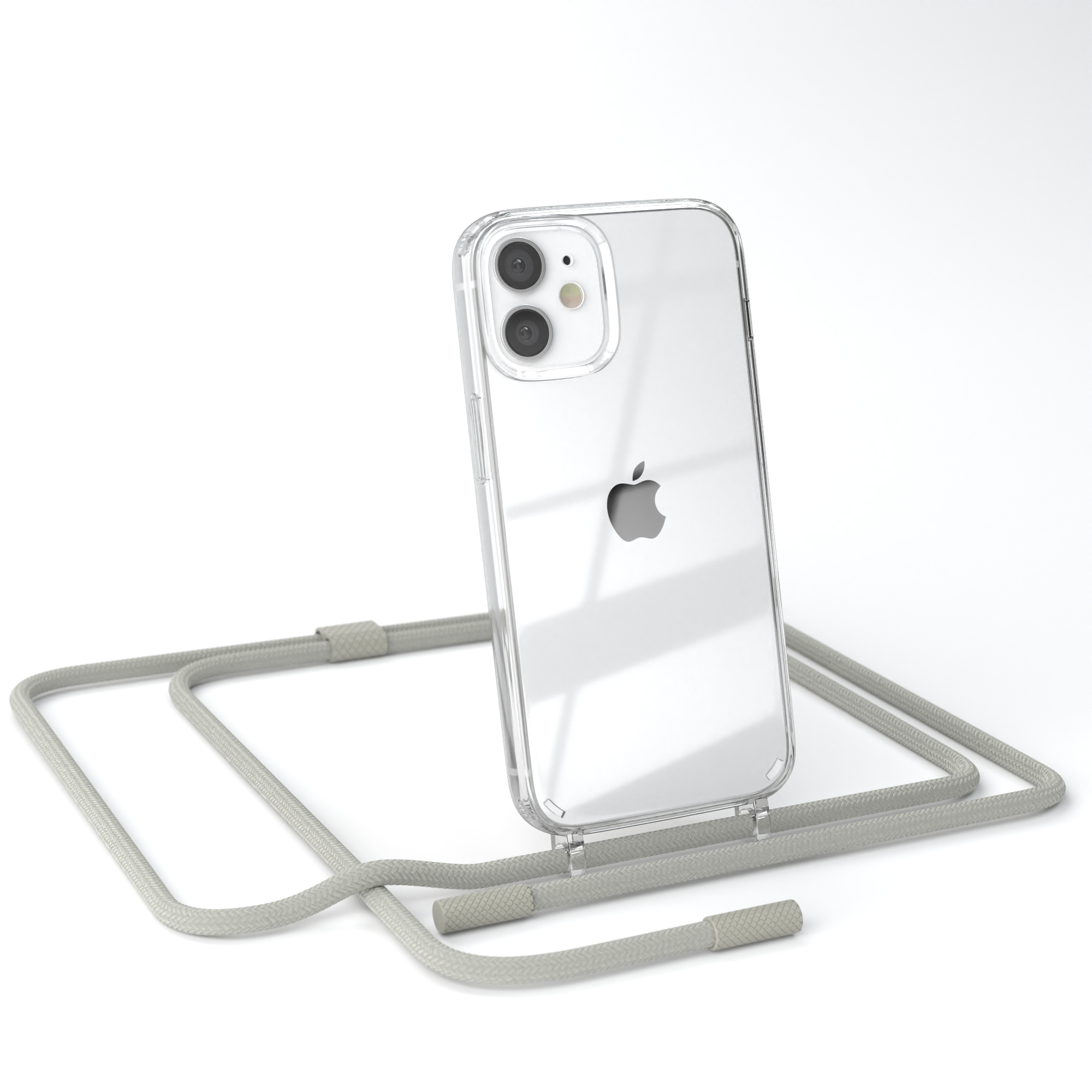 Transparente iPhone-Hülle mit grauem Umhängeband. Weißer Hintergrund.