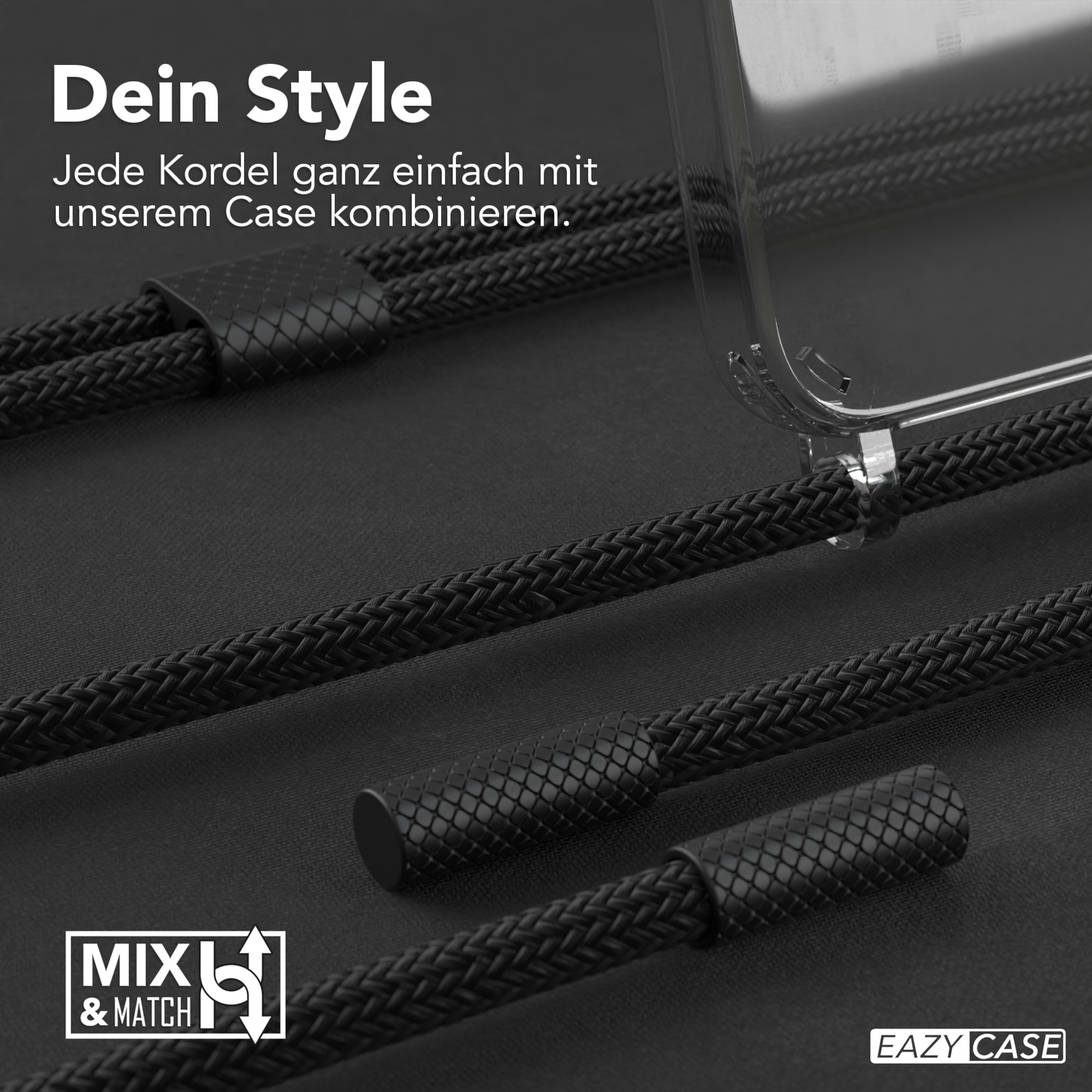 Schwarzes Handyhüllen-Lanyard-Detail mit Text: 'Dein Style. Kombinieren Sie jedes Lanyard mit unserem Case'.