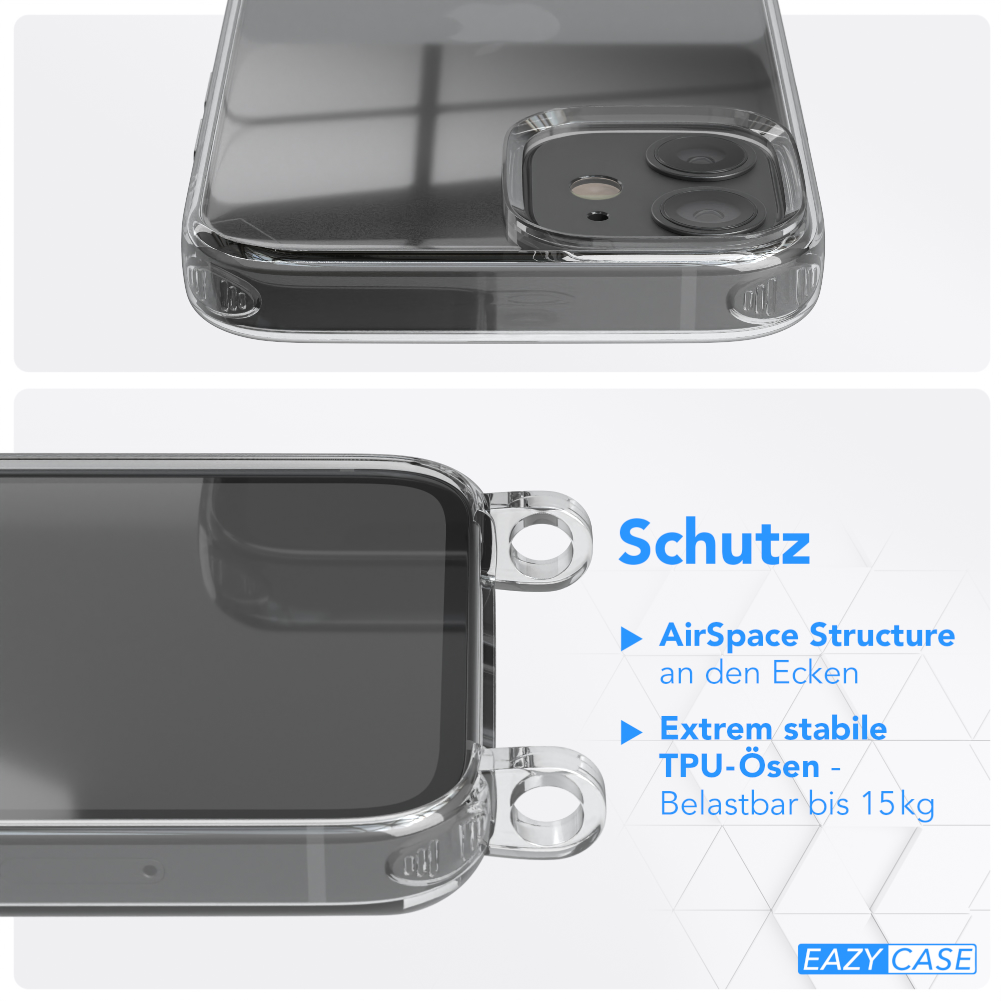 EAZY CASE Transparente Handyhülle iPhone mit runder Mini, Kette Schwarz Umhängetasche, 12 unifarbend, Apple