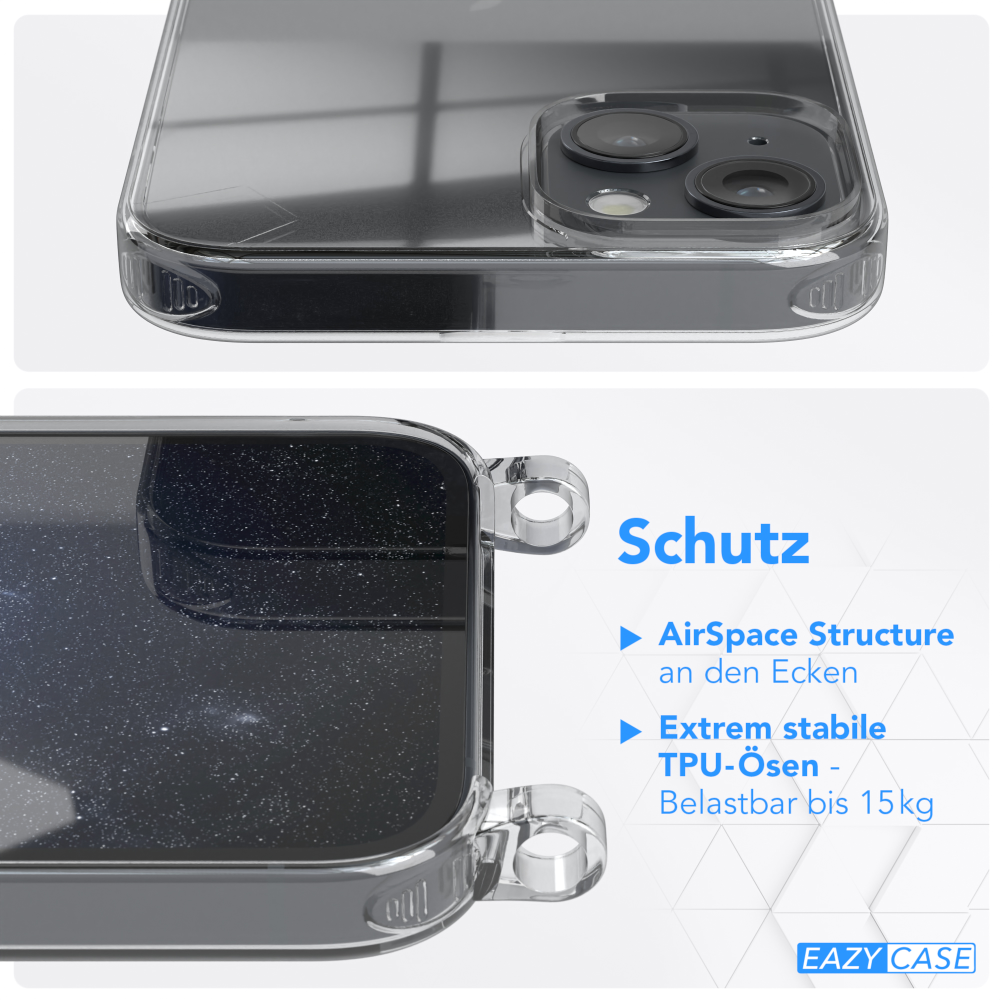 Transparente Handyhülle mit dunklem Innendesign. Text zu Funktionen steht rechts.