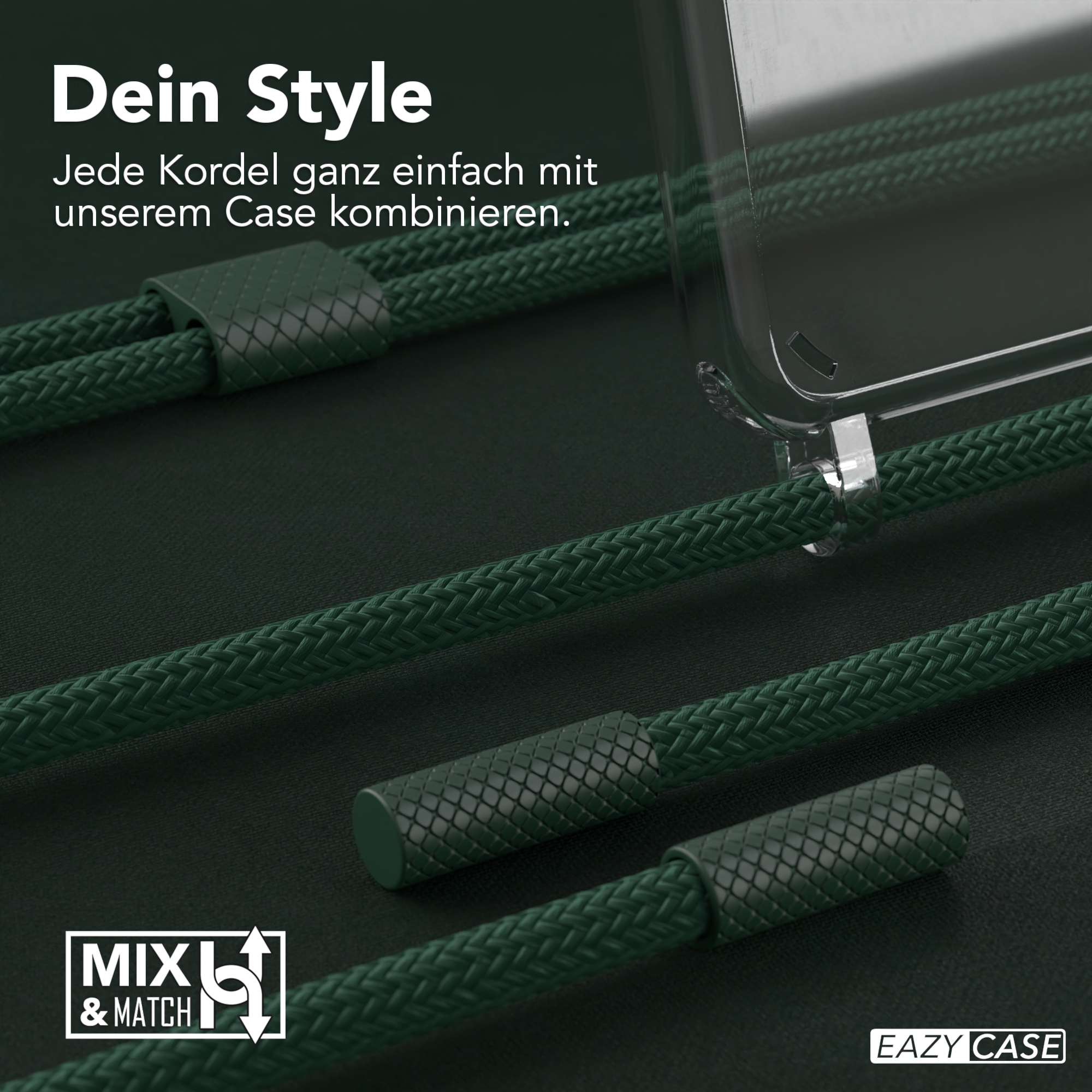 Nahaufnahme von grünen Kordeln mit schwarzen Akzenten. Text auf Deutsch: Dein Style, Eazy Case Logo.