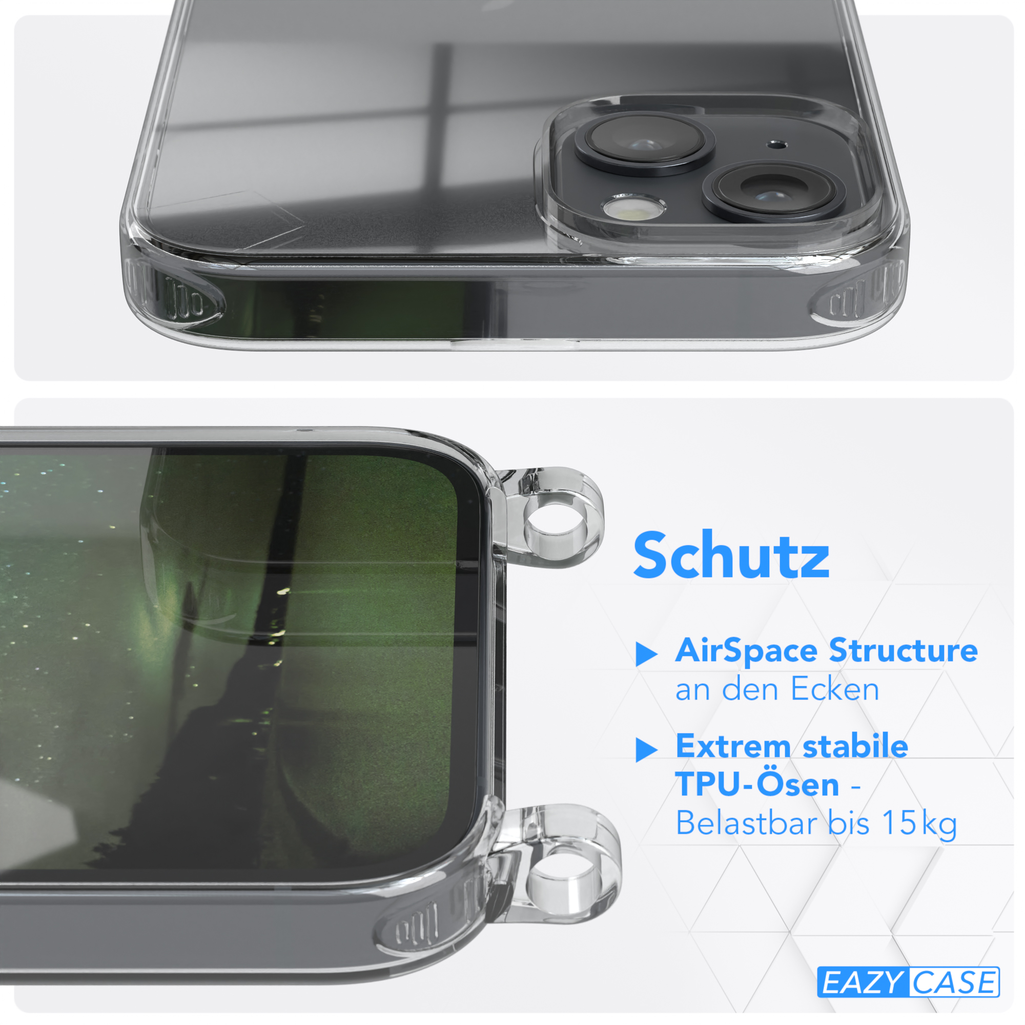 EAZY CASE Transparente Nachtgrün Handyhülle Apple, 14 unifarbend, mit Dunkelgrün Plus, Kette Umhängetasche, iPhone runder 