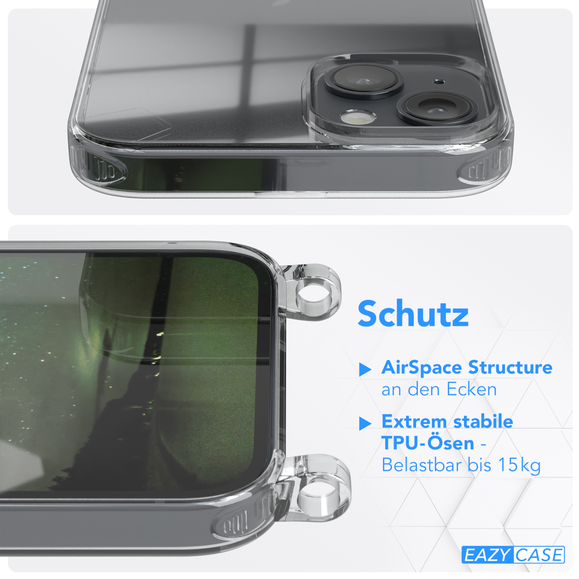 Nahaufnahme einer transparenten Handyhülle mit Designmerkmalen und Text zum Produkt.