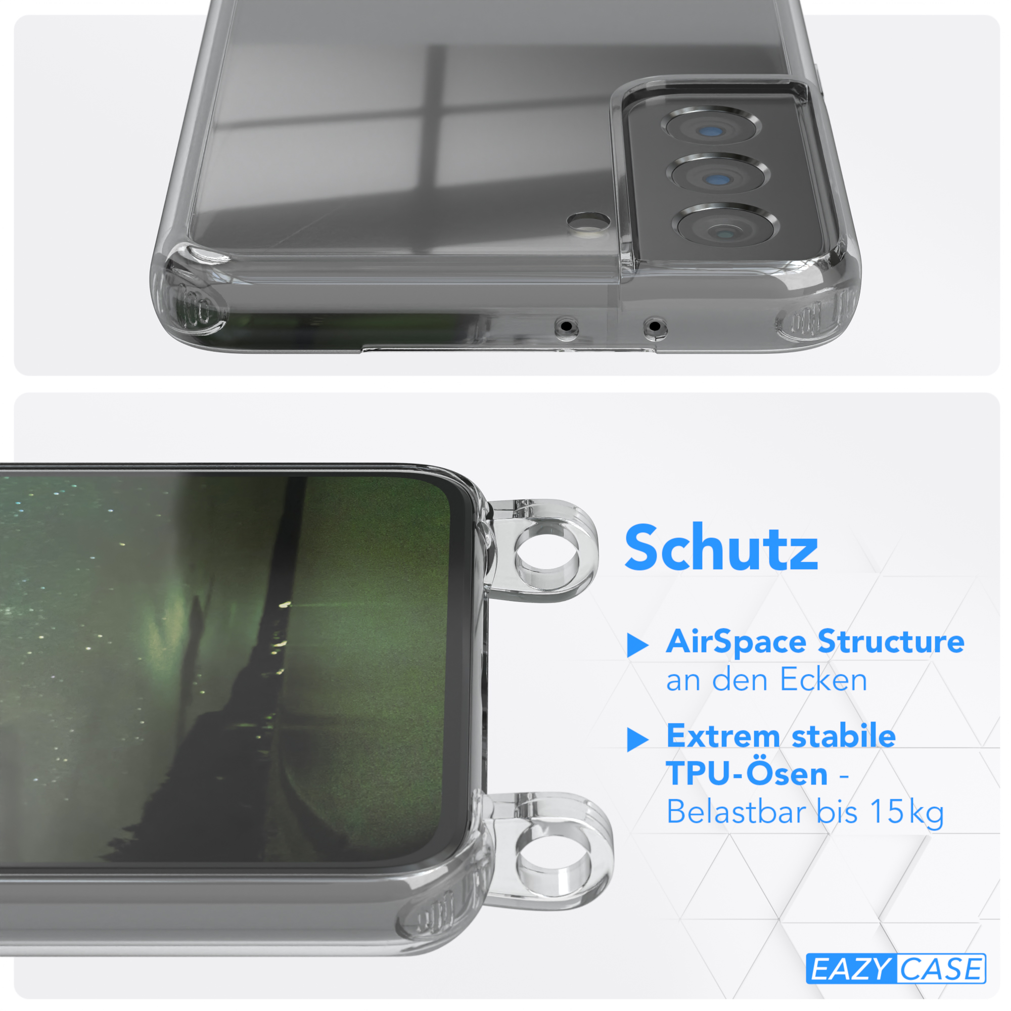 Nahaufnahme einer Handyhülle mit Text. Text sagt 'Schutz' und 'AirSpace Structure'.