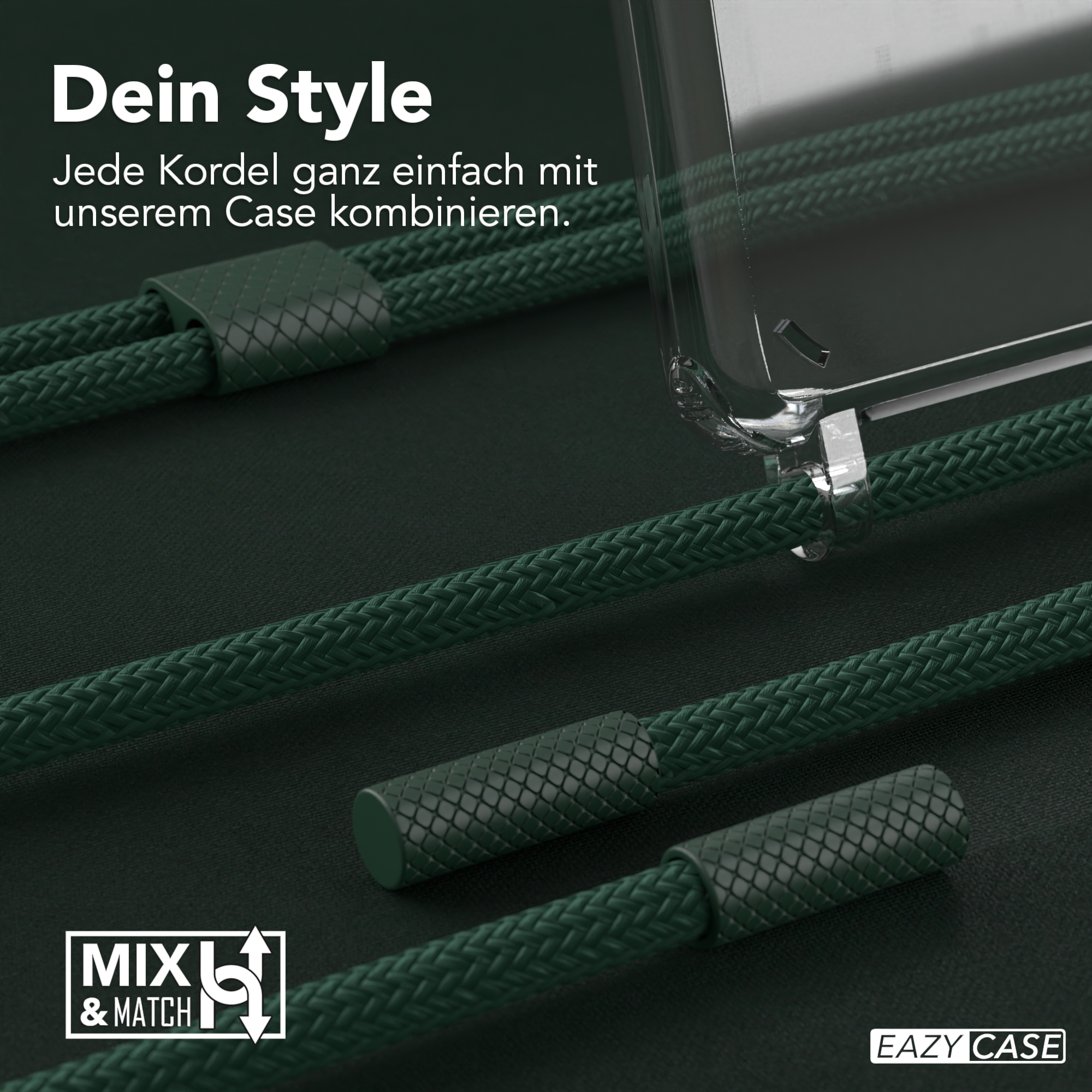 Grünes Handyhüllenzubehör, einschließlich einer transparenten Hülle und grünen Kordeln, mit einem 'Mix & Match'-Logo.