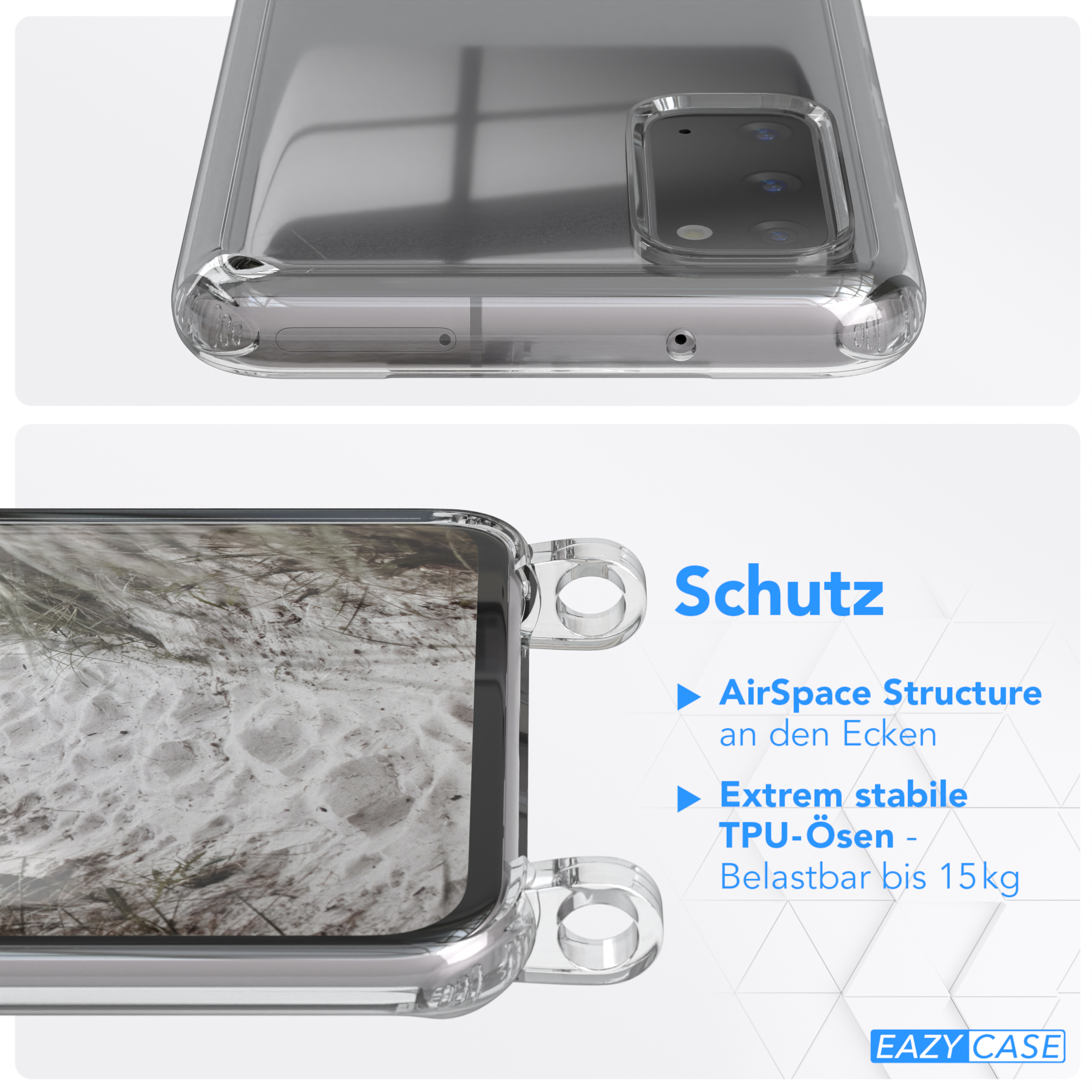 EAZY CASE Transparente Handyhülle mit / Galaxy Taupe Samsung, runder Beige Kette Grau Umhängetasche, S20, unifarbend