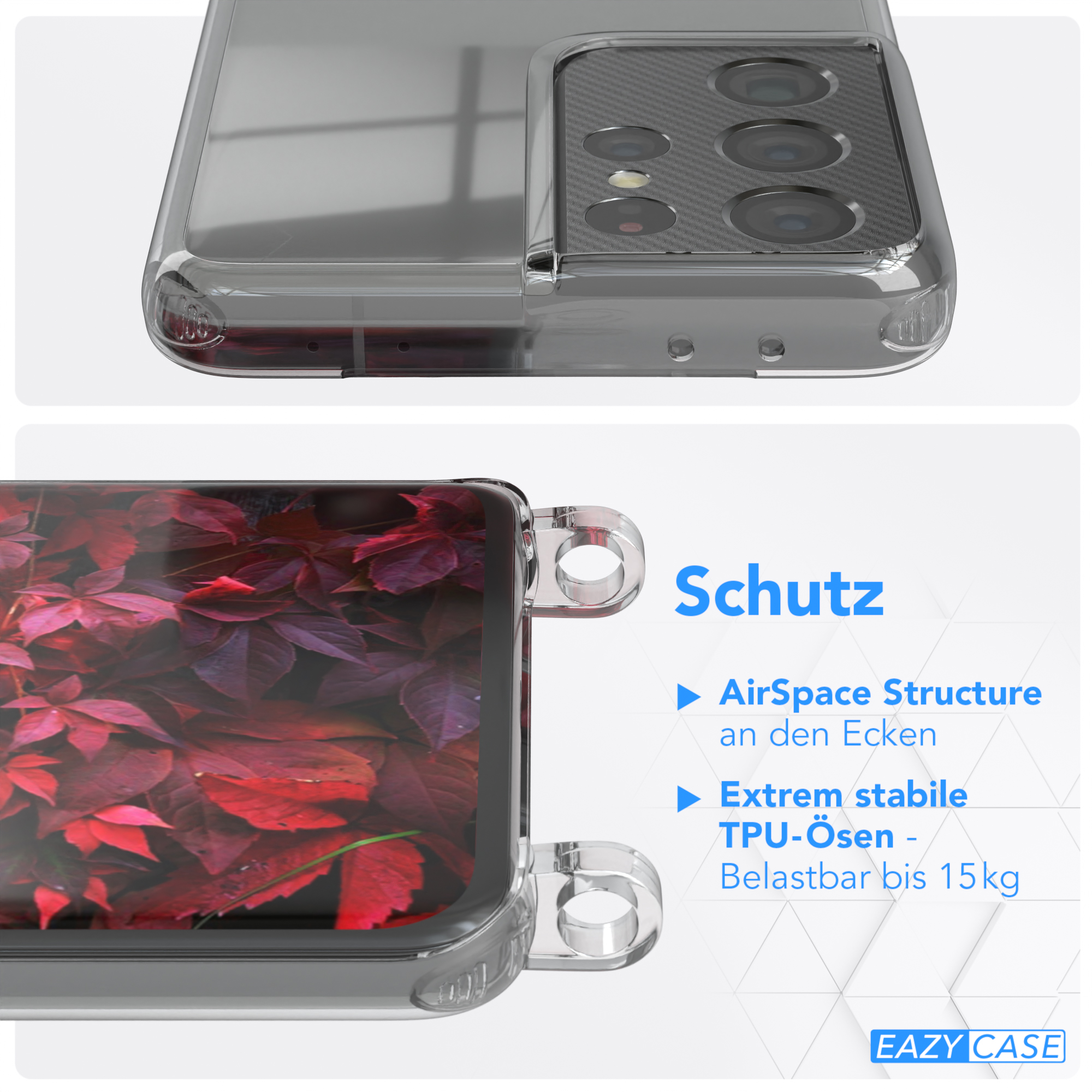 EAZY CASE Transparente Handyhülle mit Rot S21 unifarbend, Beere Galaxy Kette Samsung, runder Bordeaux / 5G, Umhängetasche, Ultra