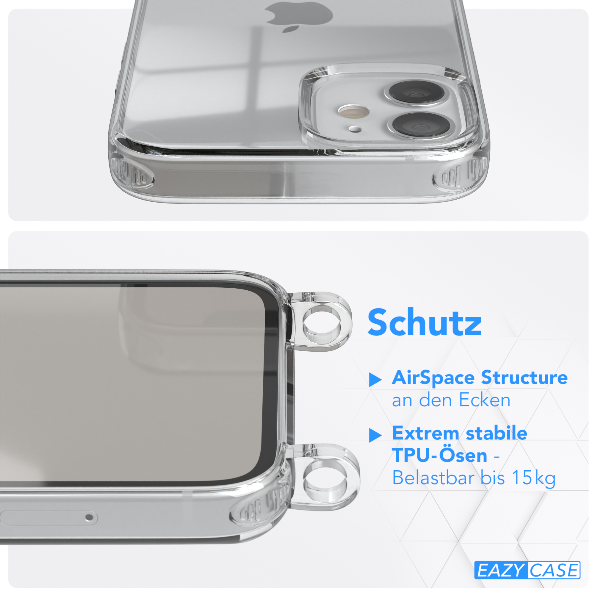 Nahaufnahme einer transparenten Handyhülle, Hervorhebung von AirSpace-Struktur und TPU.