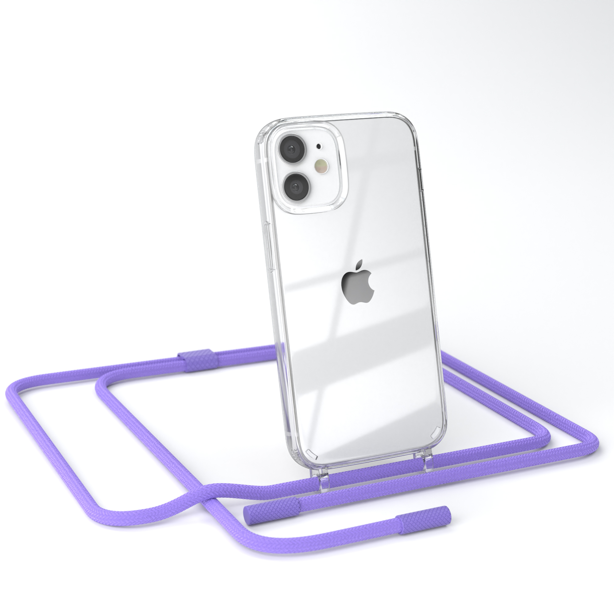 Transparente iPhone-Hülle mit lila Kordel. Das Telefon befindet sich in der Mitte, mit einer transparenten Hülle.