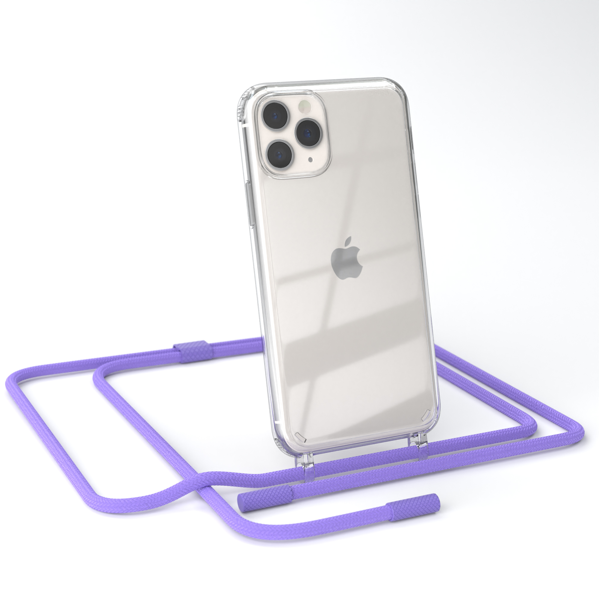 Transparente Handyhülle auf weißem iPhone. Lila Kabel. Weißer Hintergrund.