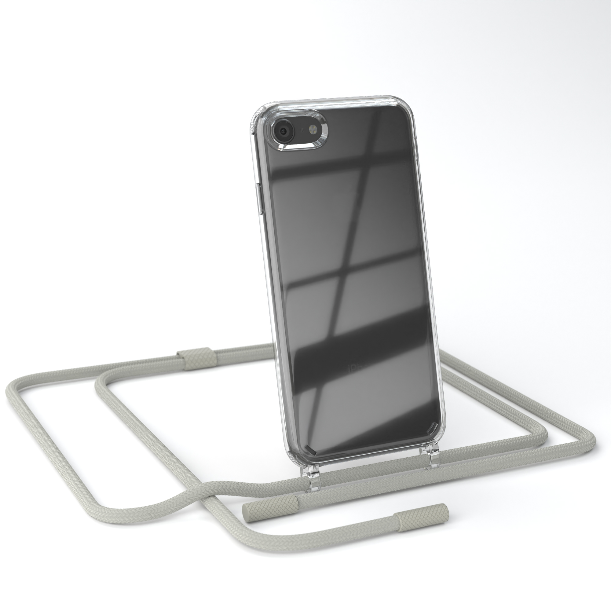 iPhone in einer klaren Hülle mit grauem Umhängeband. Das Telefon ist zentriert. Weißer Hintergrund.