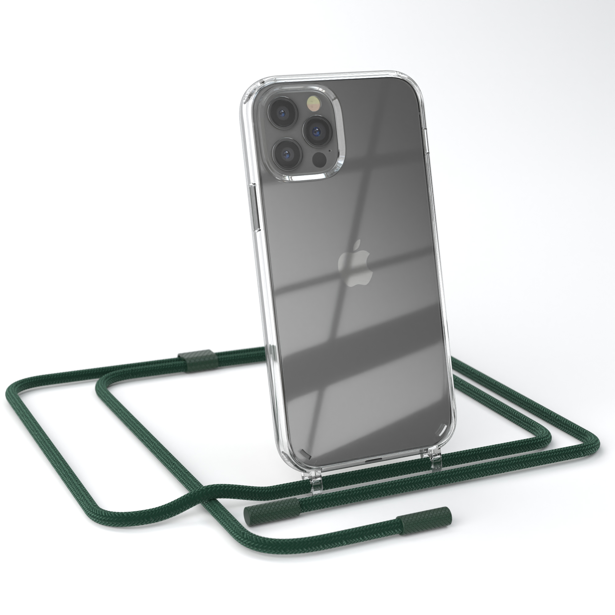 Transparente Handyhülle mit grünem Kabel. Ein Telefon ist darin. Weißer Hintergrund.