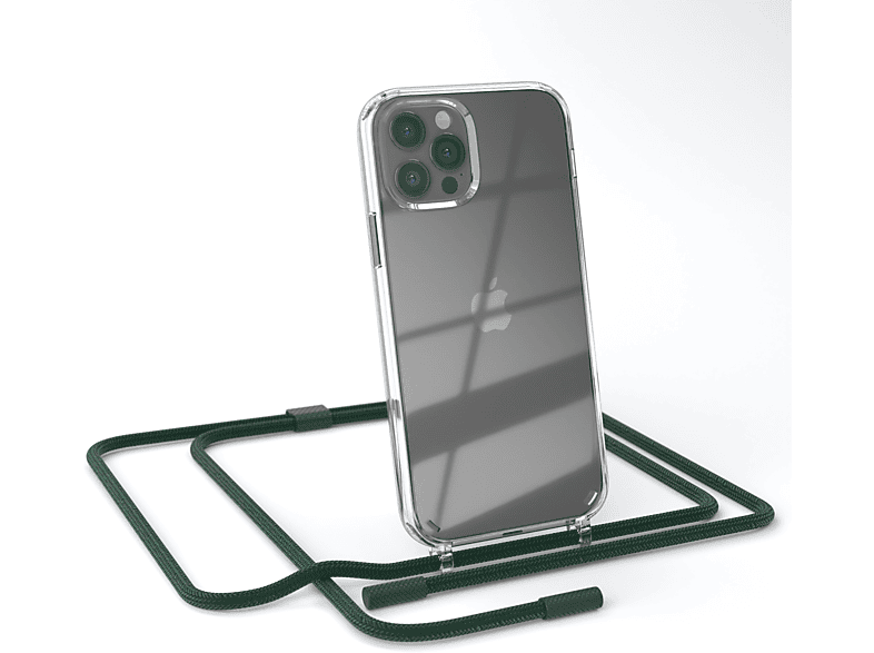 EAZY CASE Transparente Handyhülle mit runder Kette unifarbend, Umhängetasche, Apple, iPhone 12 / 12 Pro, Dunkelgrün / Nachtgrün