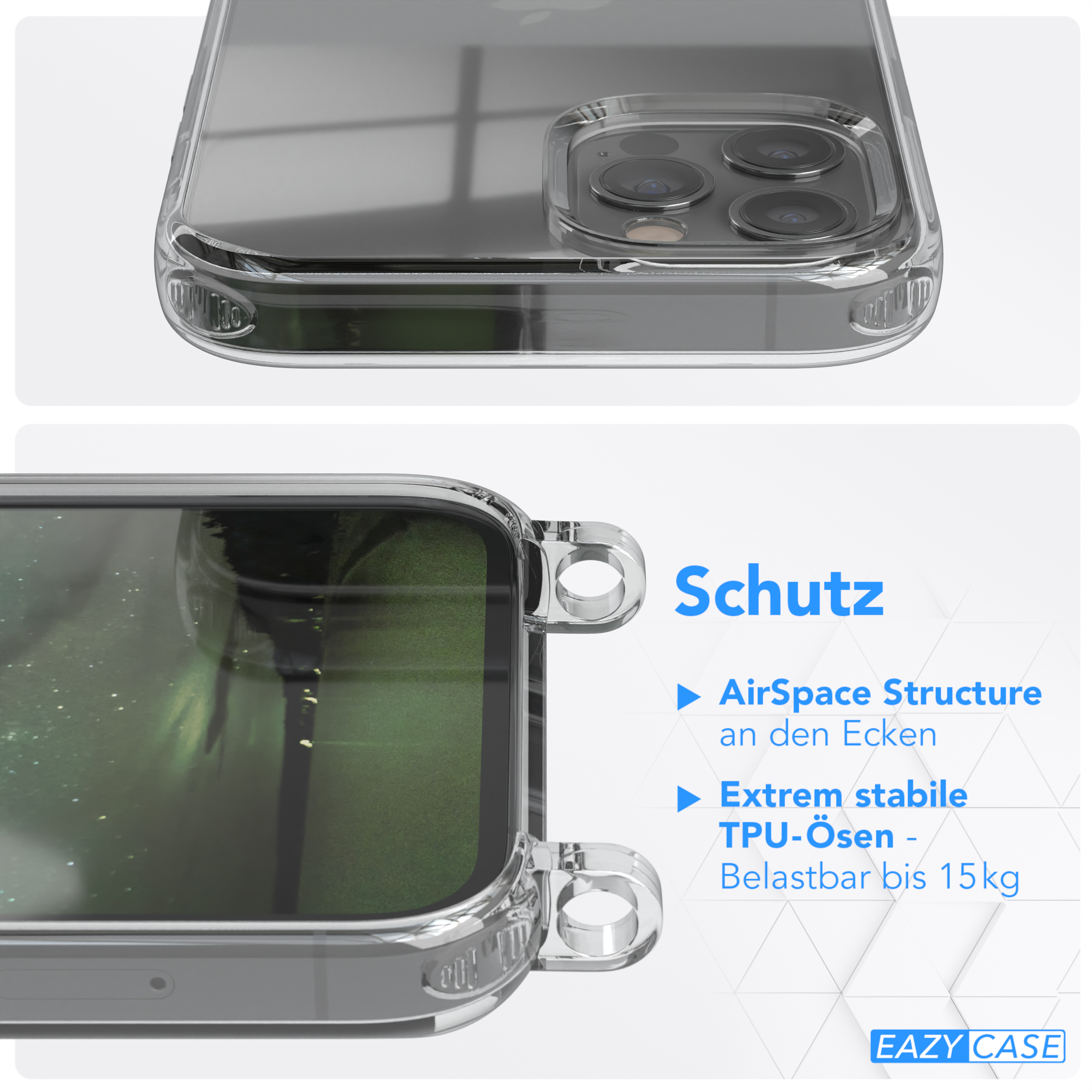 Nahaufnahme einer transparenten Handyhülle mit einem Telefon und Details zu ihren Funktionen.
