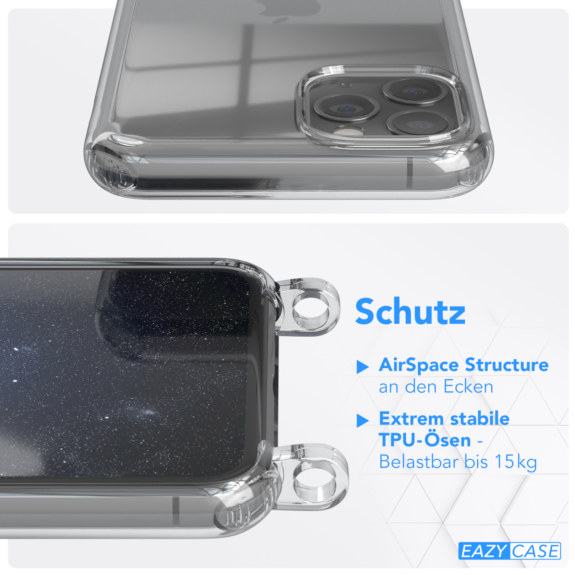 Transparente Handyhülle mit AirSpace-Struktur an den Ecken und TPU-Ösen.