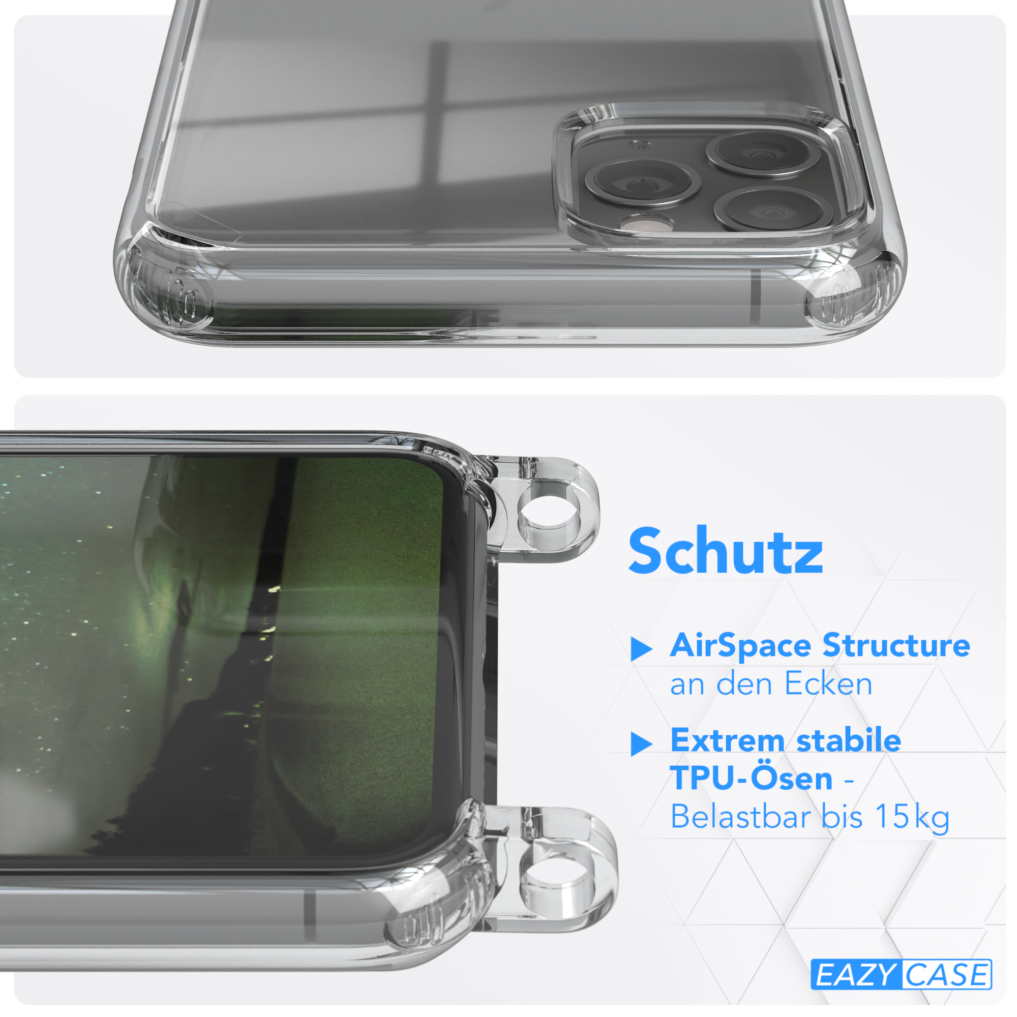 Transparente Handyhülle, die die Ränder des Telefons und einen Teil eines Hintergrunds zeigt.