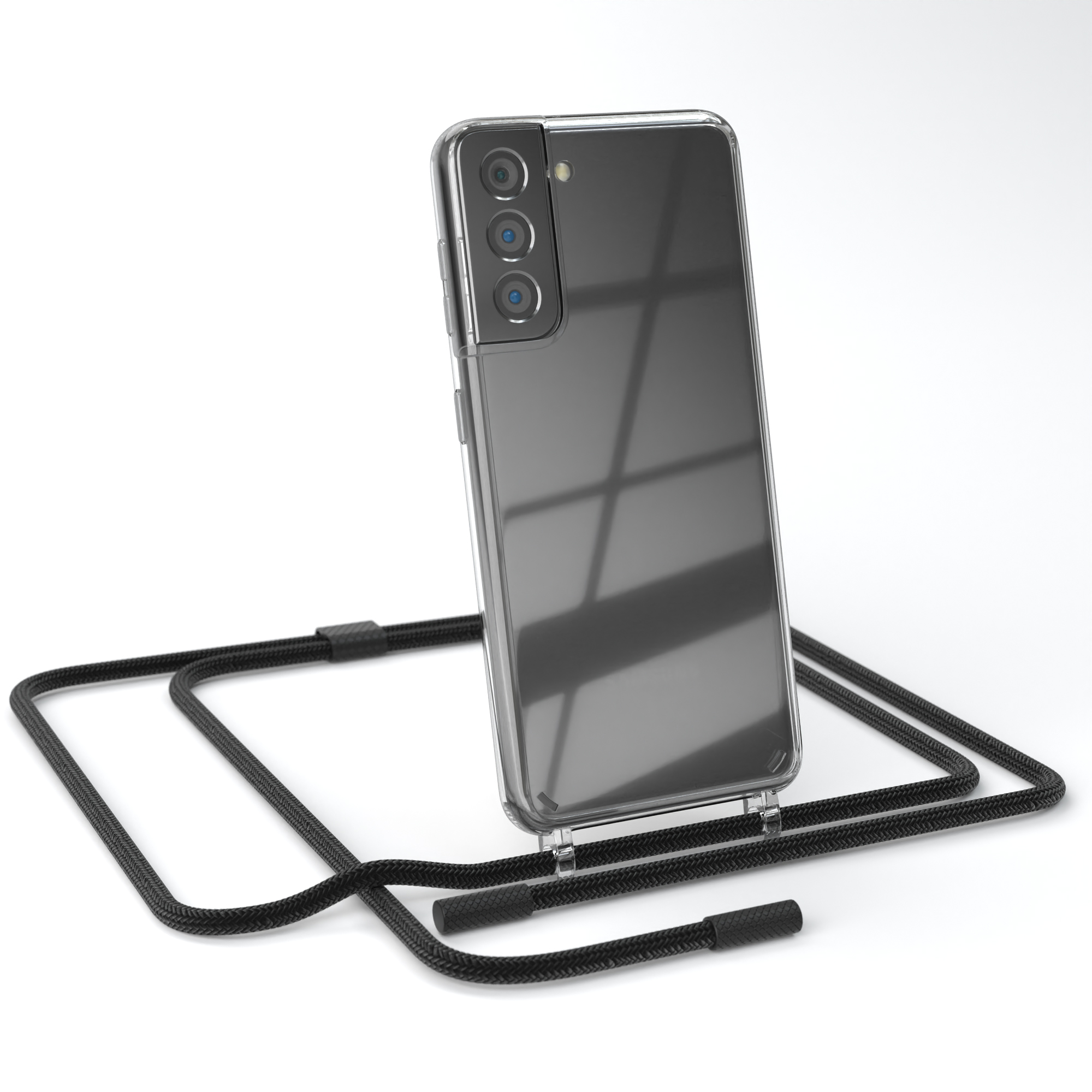 Transparente Handyhülle mit schwarzem Umhängeband auf weißem Hintergrund. Samsung-Logo sichtbar.