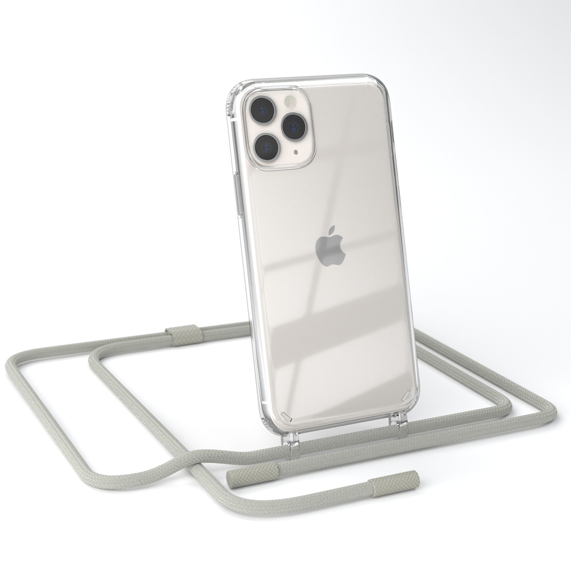 Eine transparente Handyhülle mit einem Telefon darin, das an einem grauen Kabel hängt. Der Hintergrund ist weiß.