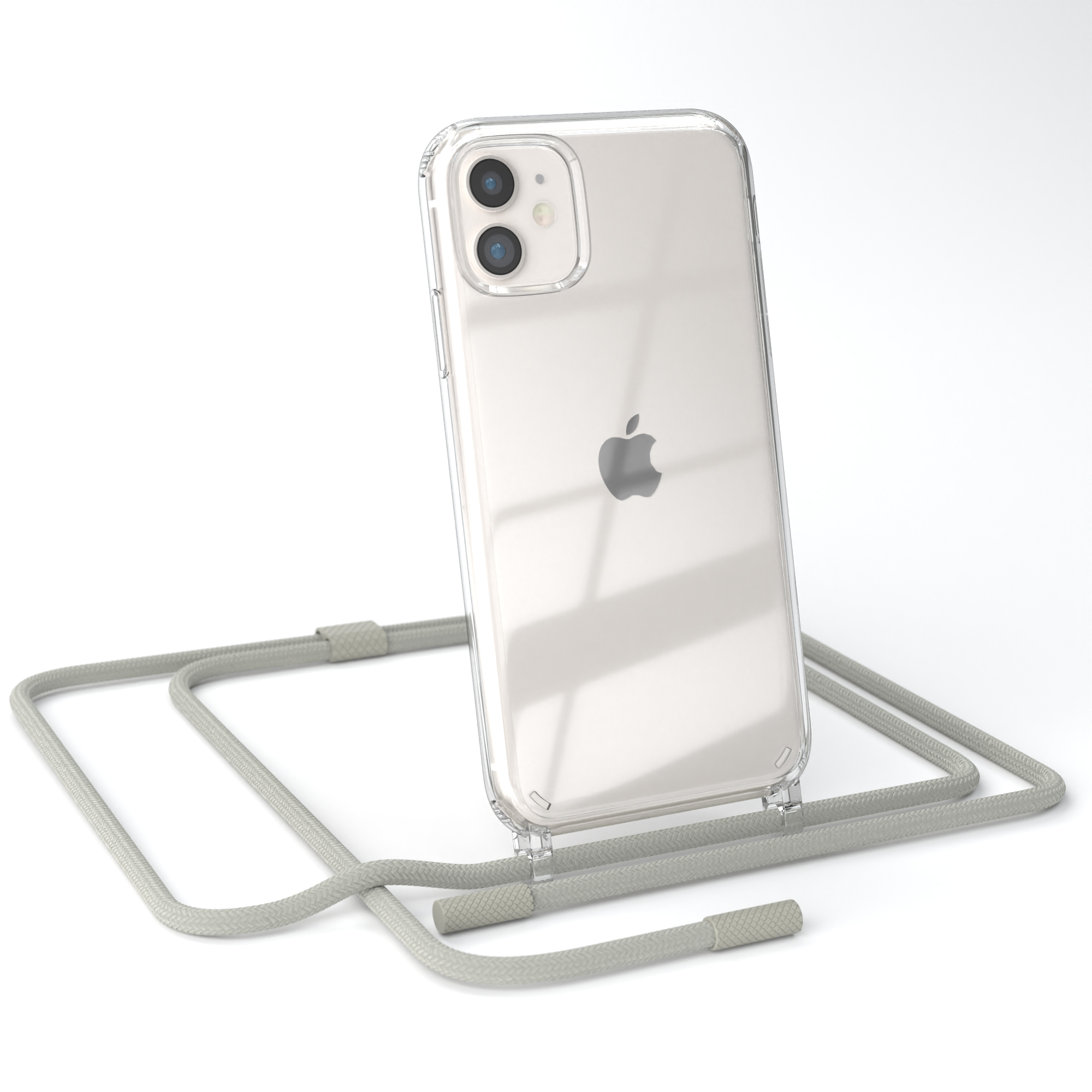 Transparente Handyhülle auf weißem Hintergrund mit grauer Lanyard. Das Telefon hat zwei Kameras.