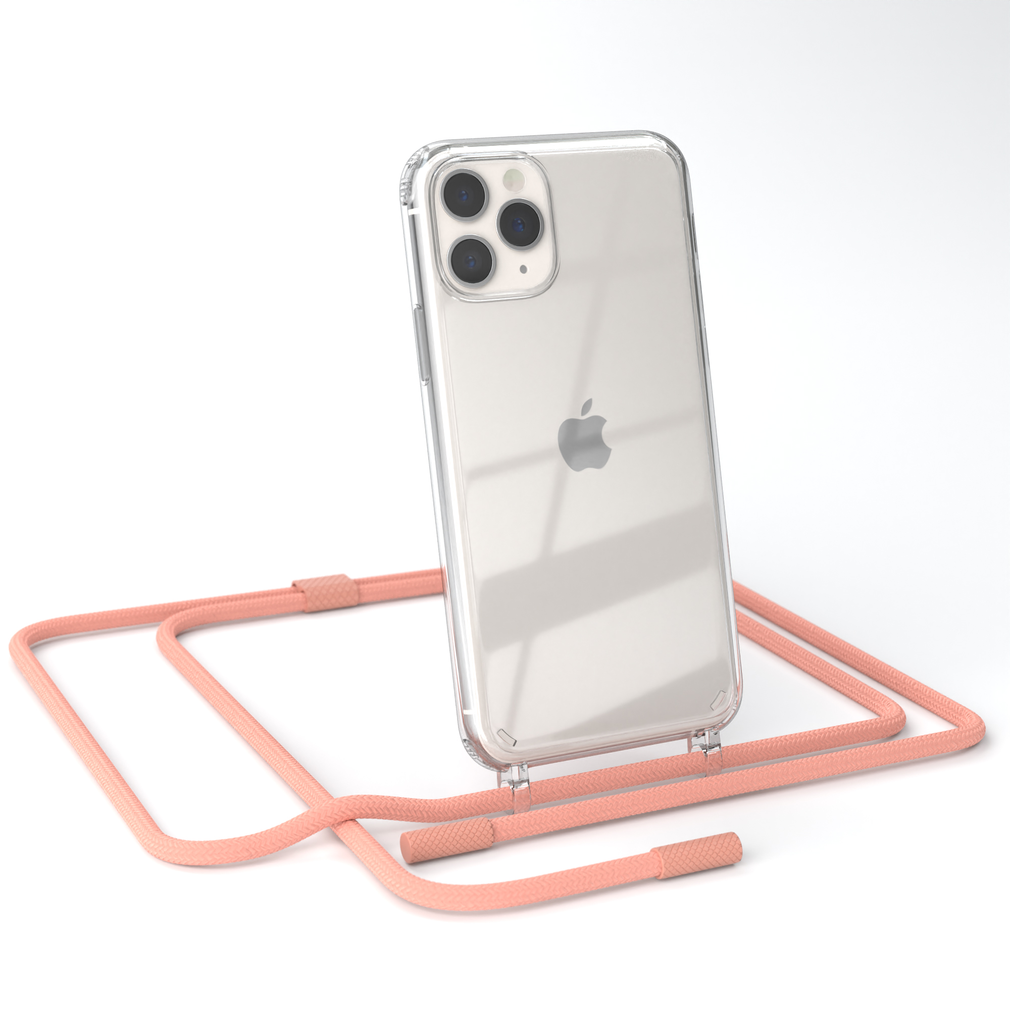 Transparente Handyhülle mit iPhone und pfirsichfarbenem Umhängeband.