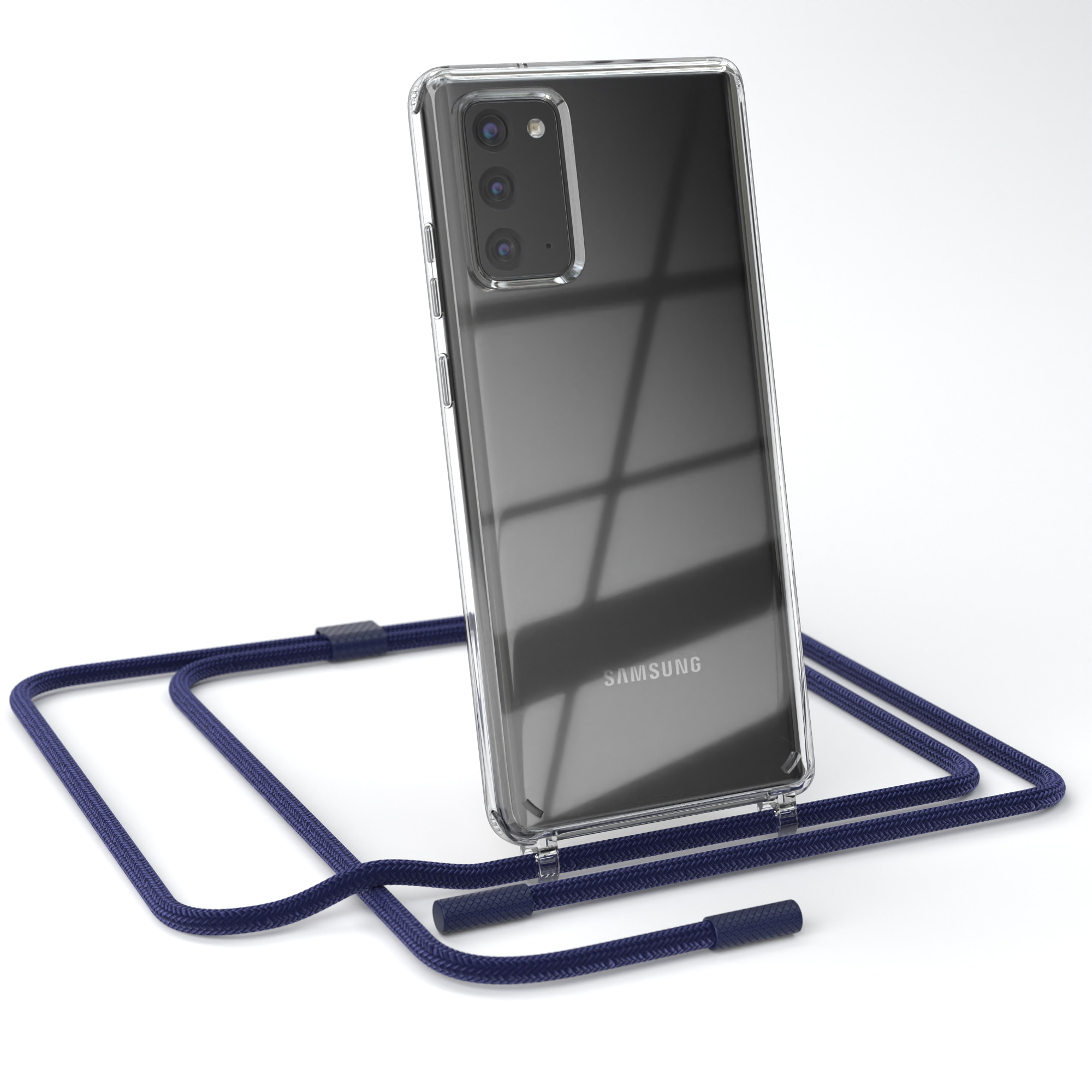 Transparente Handyhülle mit blauem Umhängeband. Das Telefon hat dunkle Farbe. Weißer Hintergrund.