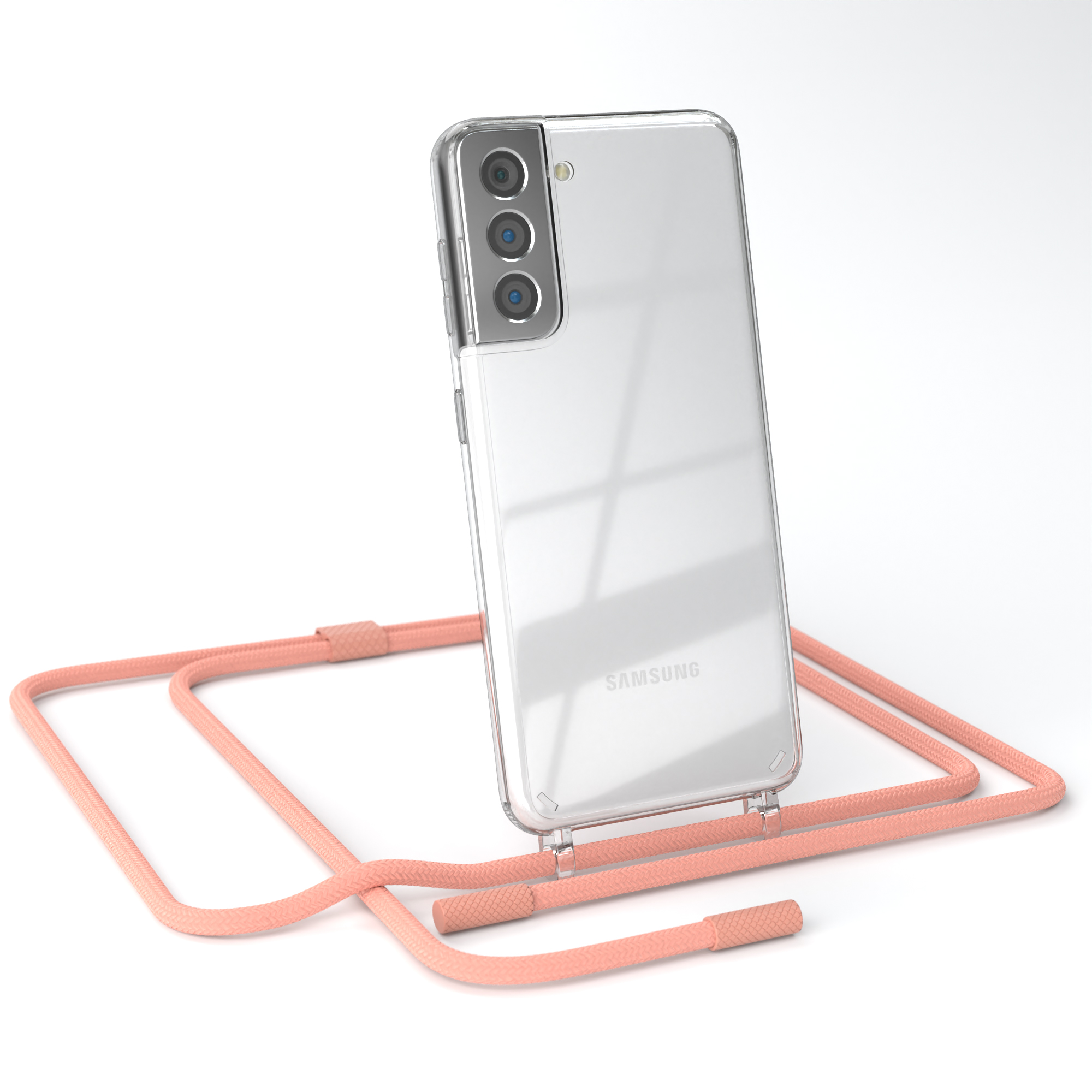 Transparente Handyhülle auf weißem Hintergrund mit pfirsichfarbenem Lanyard. Das Telefon hat drei Kameras.