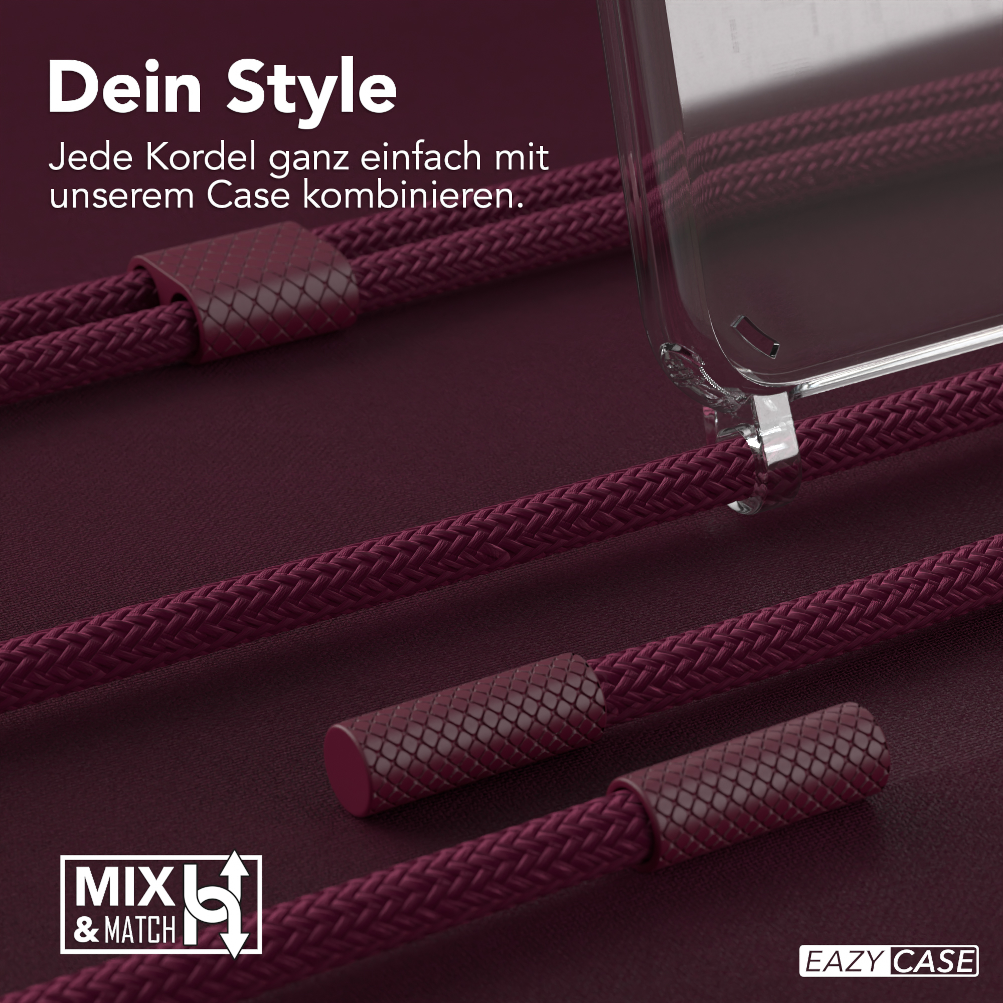 Nahaufnahme von weinroten Telefonschnüren und Hülle, mit Text: 'Dein Style' und Logo.