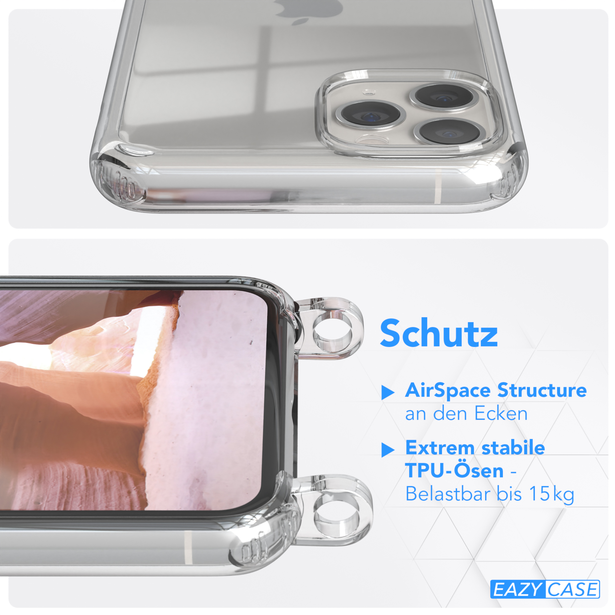 Nahaufnahme einer transparenten Handyhülle mit Text, der Funktionen wie 'AirSpace Structure' und 'TPU-Ösen' beschreibt.