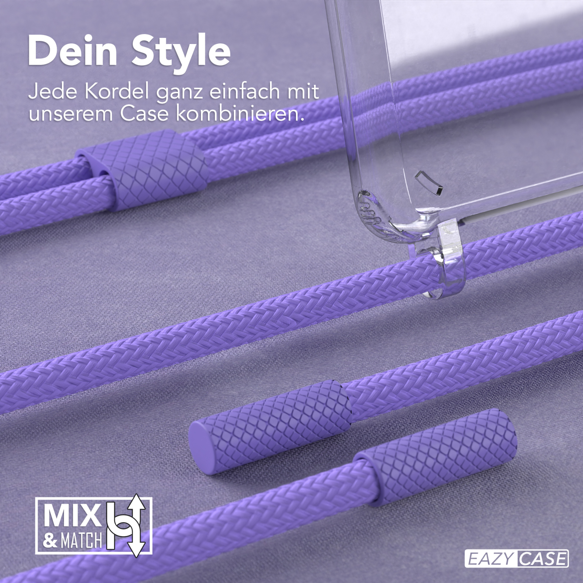 Lila Telefonschnüre und eine transparente Handyhülle. Text: 'Dein Style' und 'MIX & MATCH'.
