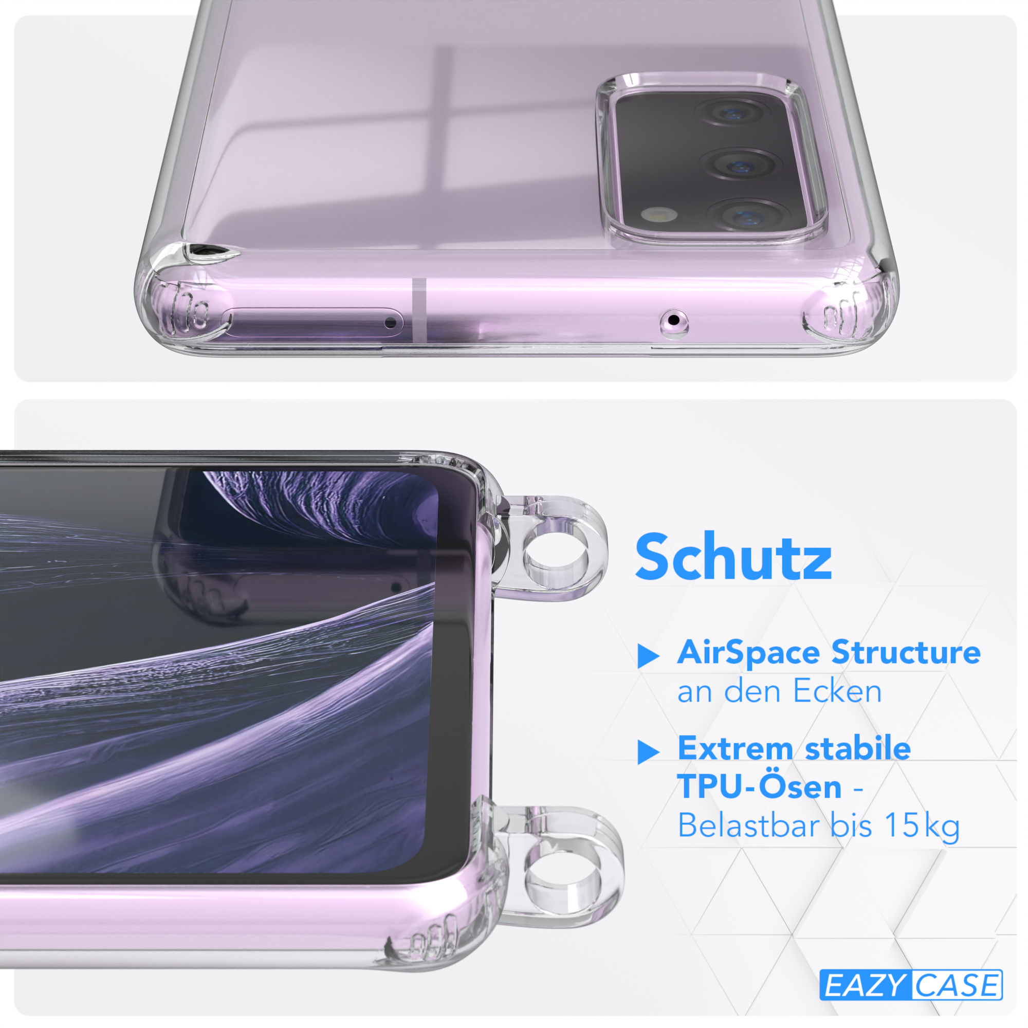 Nahaufnahme einer Handyhülle. Text über AirSpace Structure und TPU-Ösen. Eazy Case Logo.